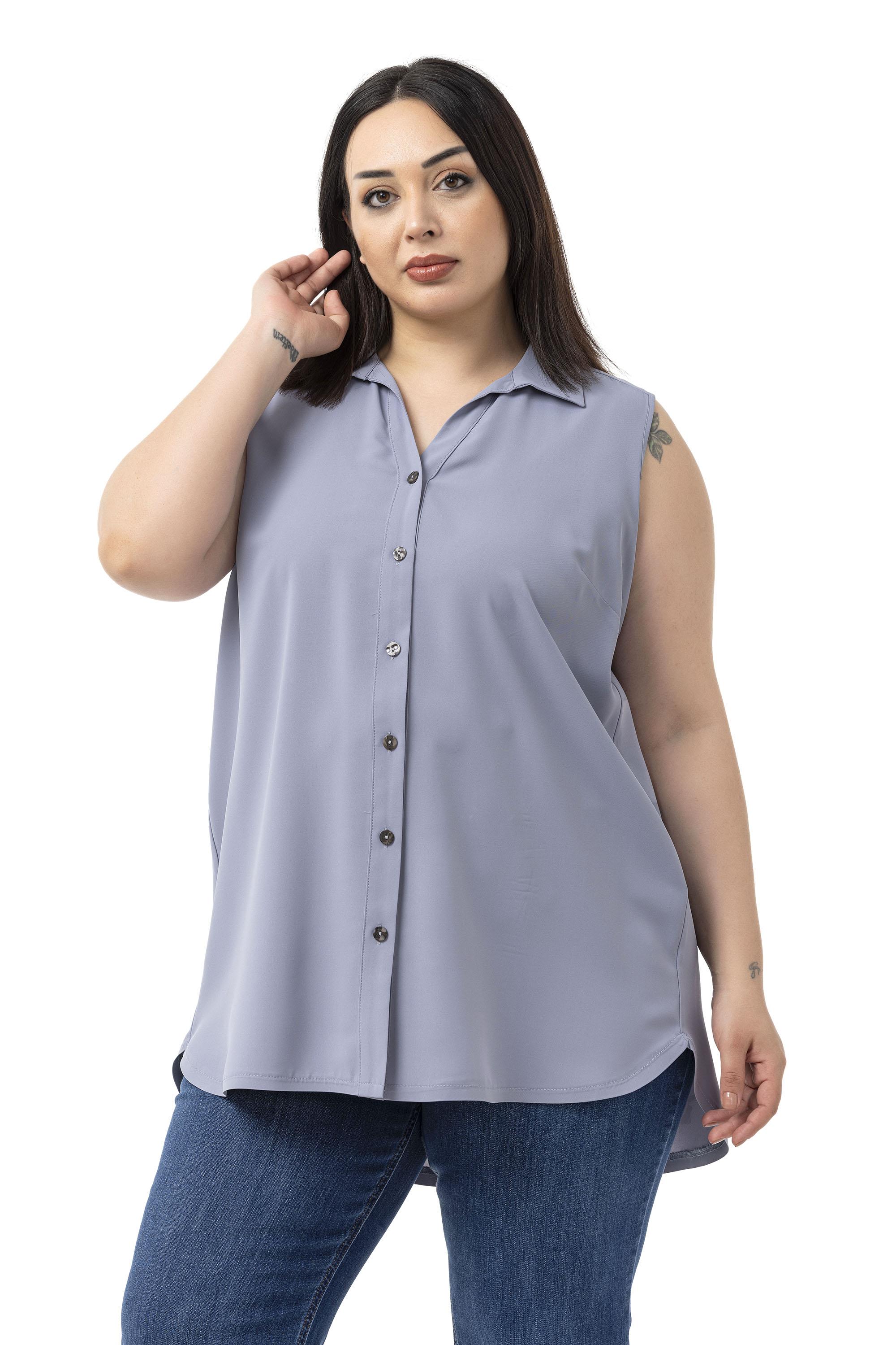 Büyük Beden Sırtta Plikaşe Detaylı Kolsuz Gri Gömlek