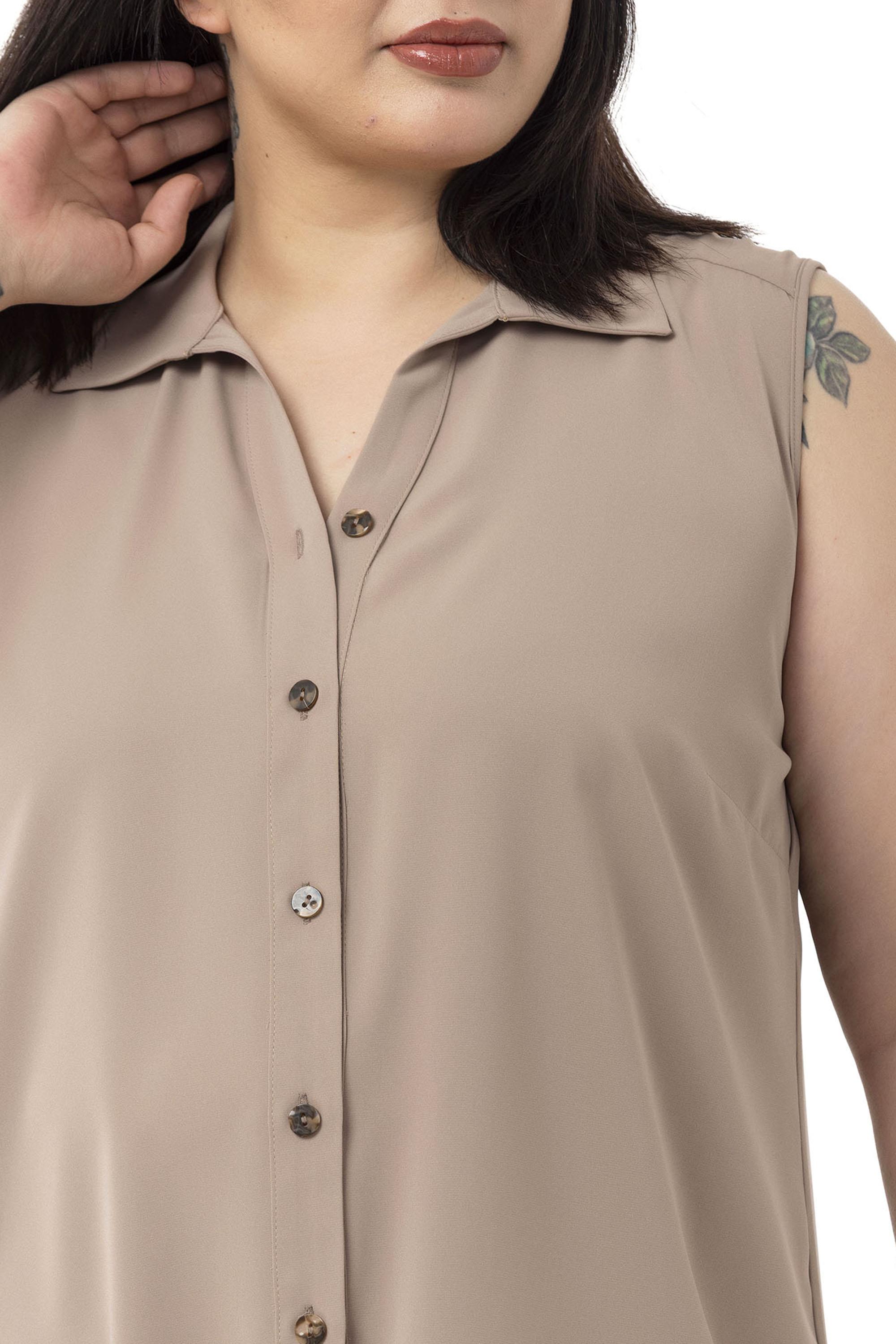 Büyük Beden Sırtta Plikaşe Detaylı Kolsuz Vizon Gömlek