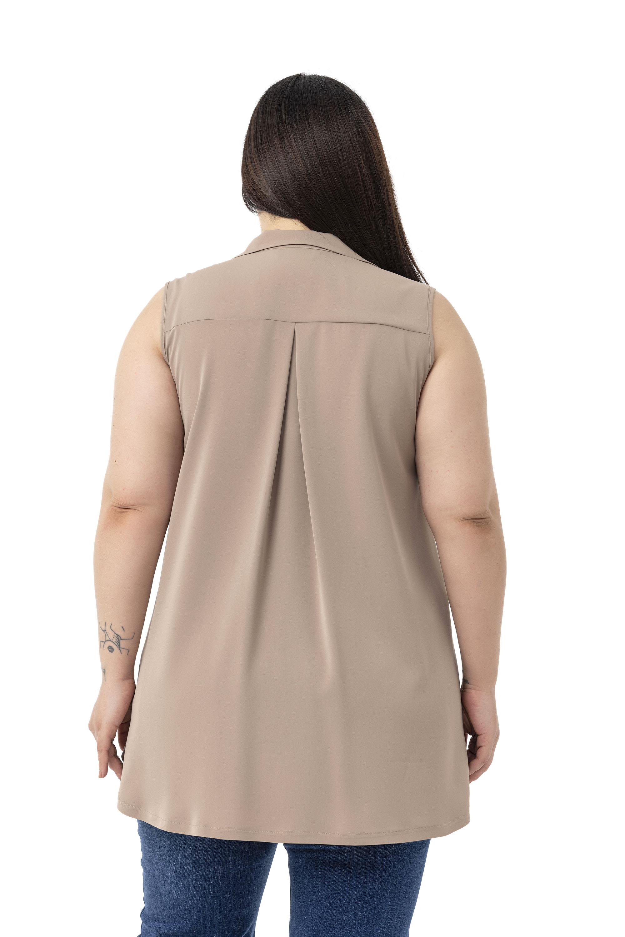 Büyük Beden Sırtta Plikaşe Detaylı Kolsuz Vizon Gömlek