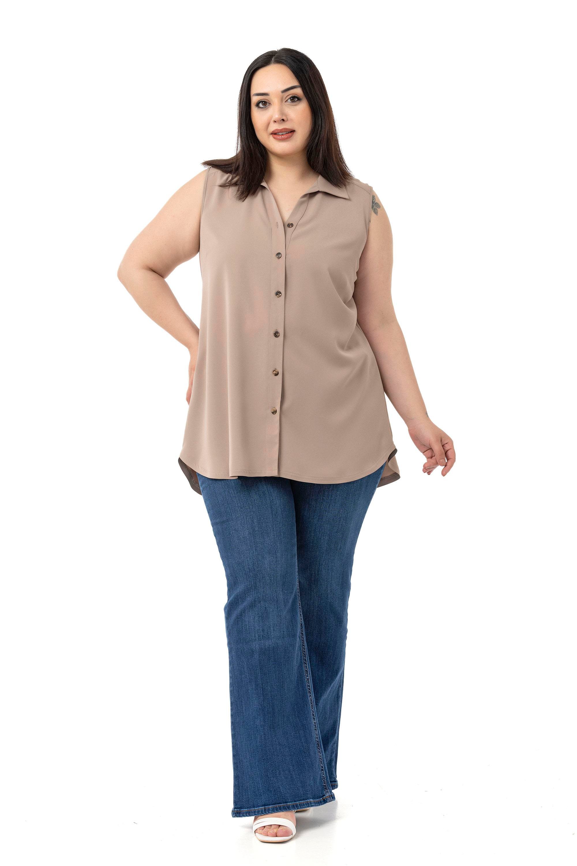 Büyük Beden Sırtta Plikaşe Detaylı Kolsuz Vizon Gömlek