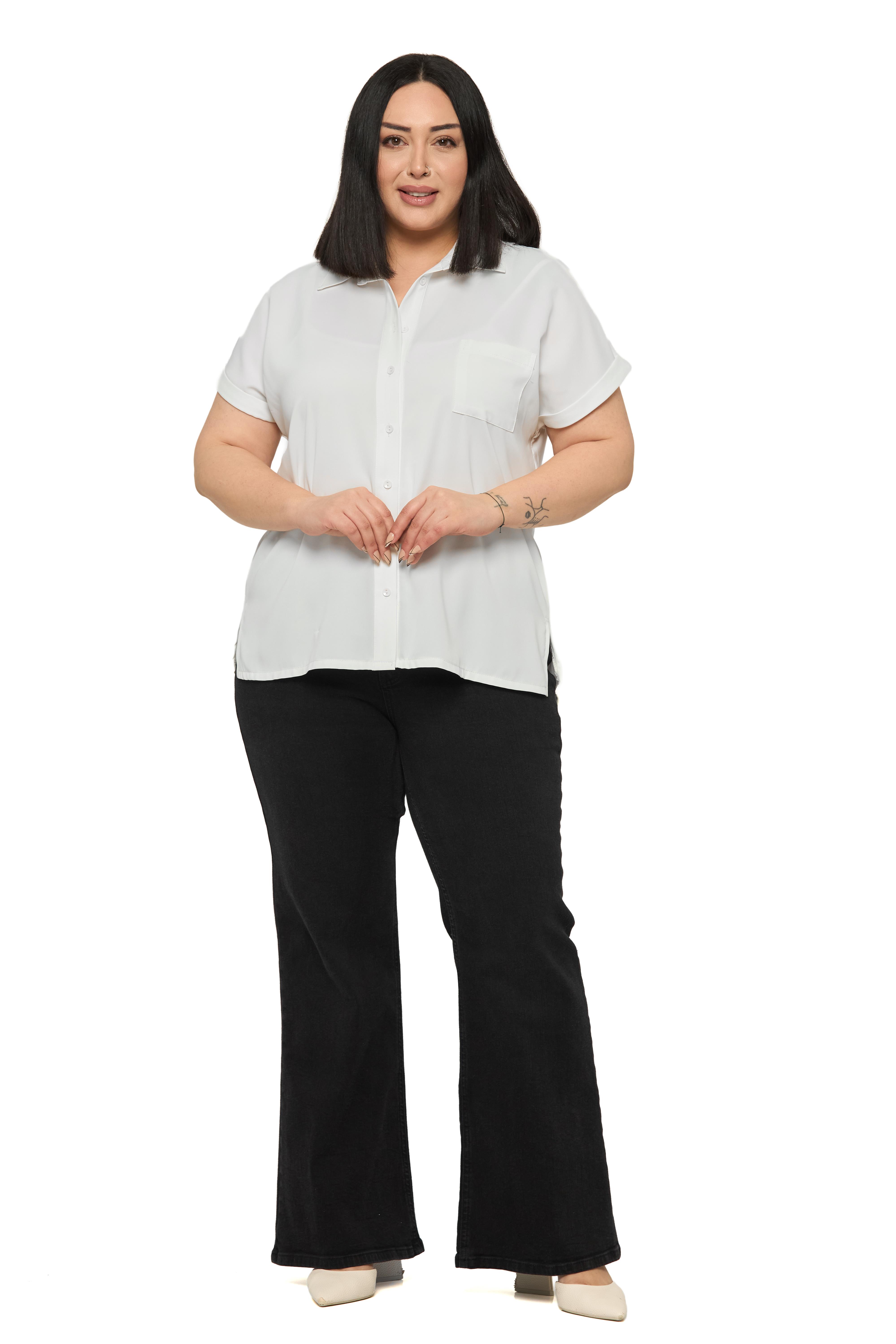 Büyük Beden Tek Cepli Kısa Duble Kollu Beyaz Gömlek