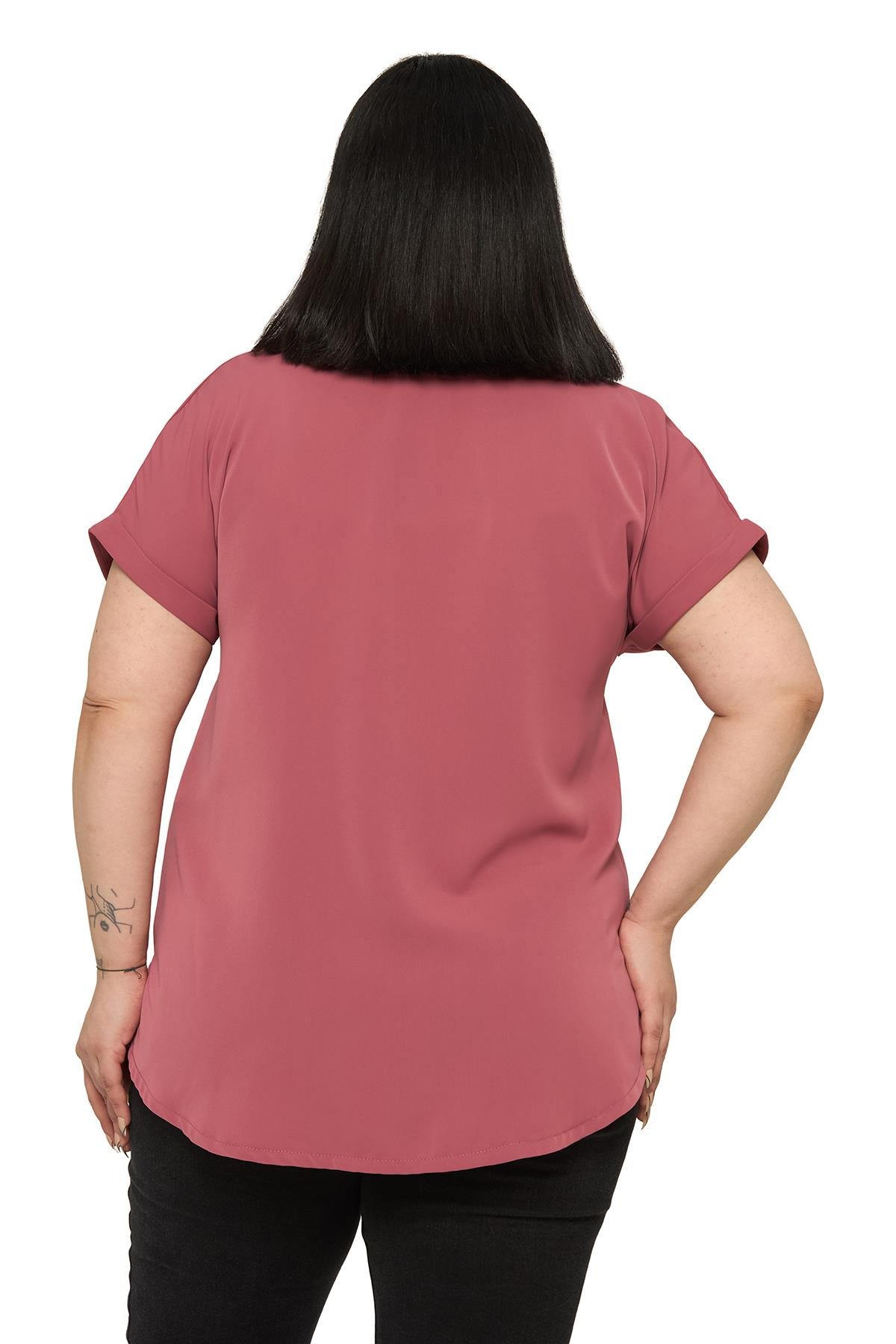 Büyük Beden Tek Cepli Kısa Duble Kollu Gül Kurusu Gömlek