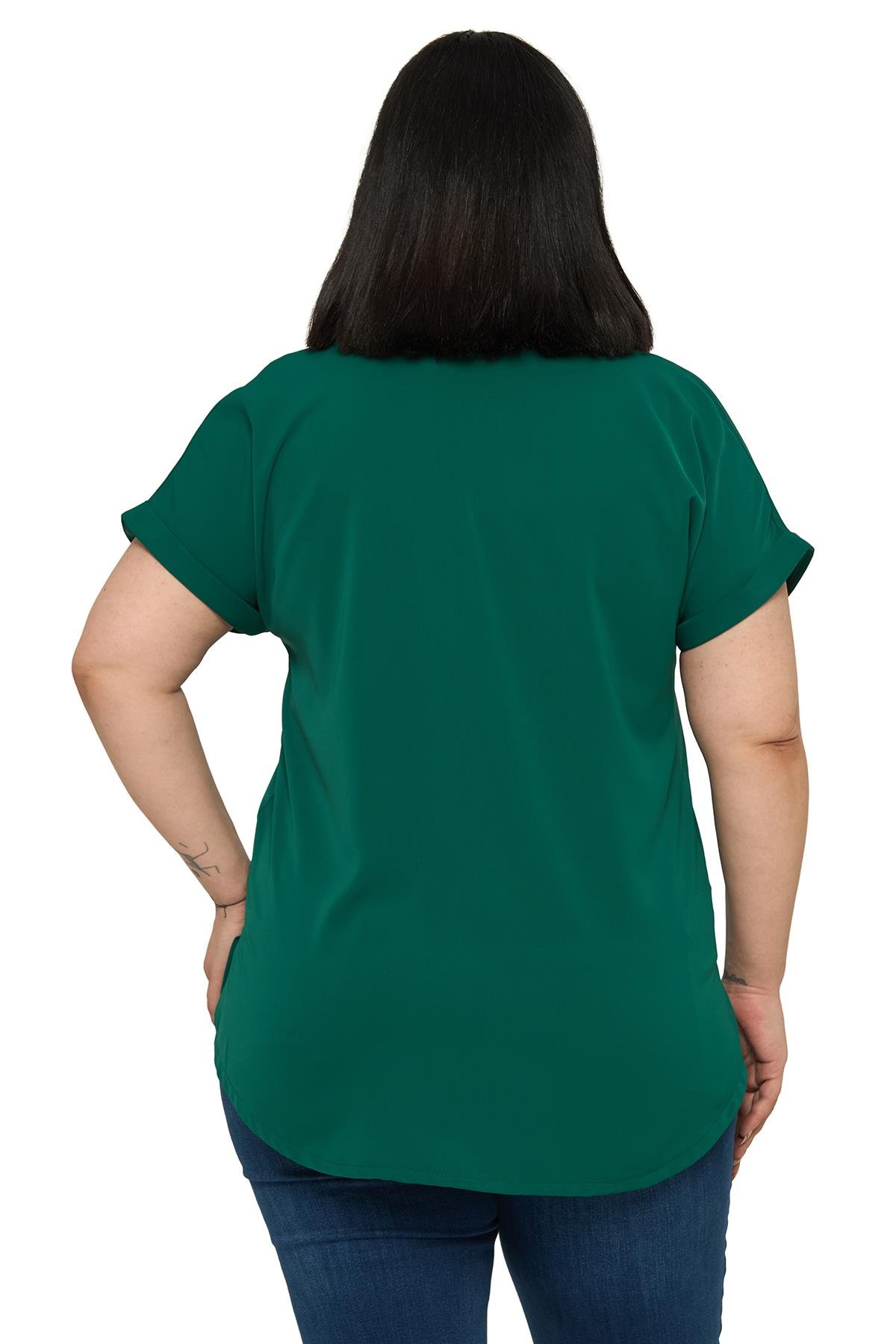 Büyük Beden Tek Cepli Kısa Duble Kollu Zümrüt Yeşili Gömlek