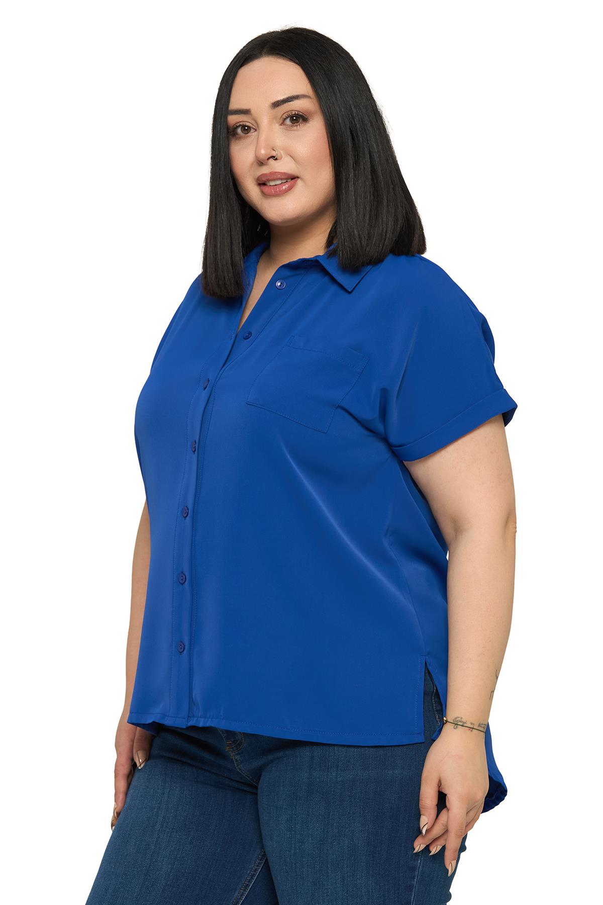 Büyük Beden Tek Cepli Kısa Duble Kollu Saks Mavi Gömlek