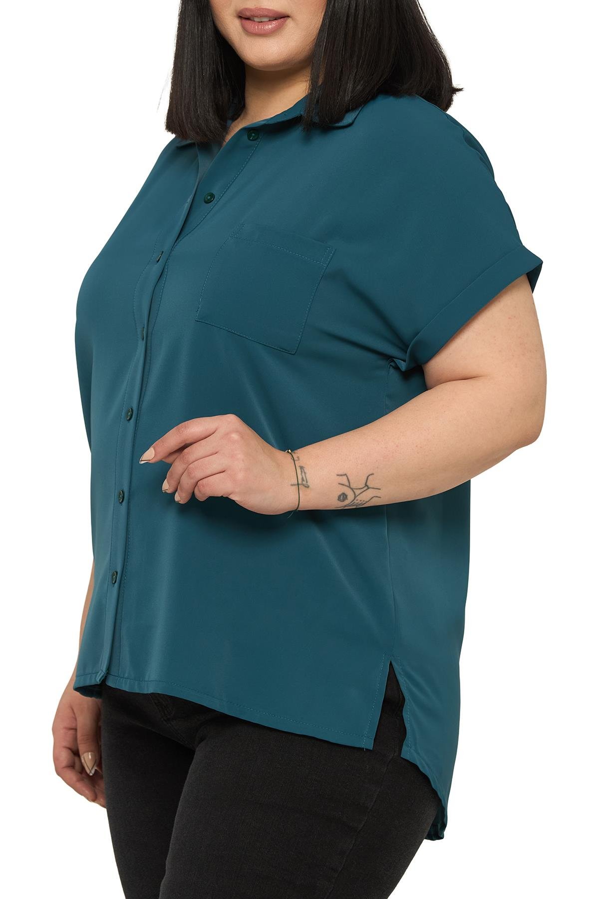 Büyük Beden Tek Cepli Kısa Duble Kollu Petrol Yeşili Gömlek