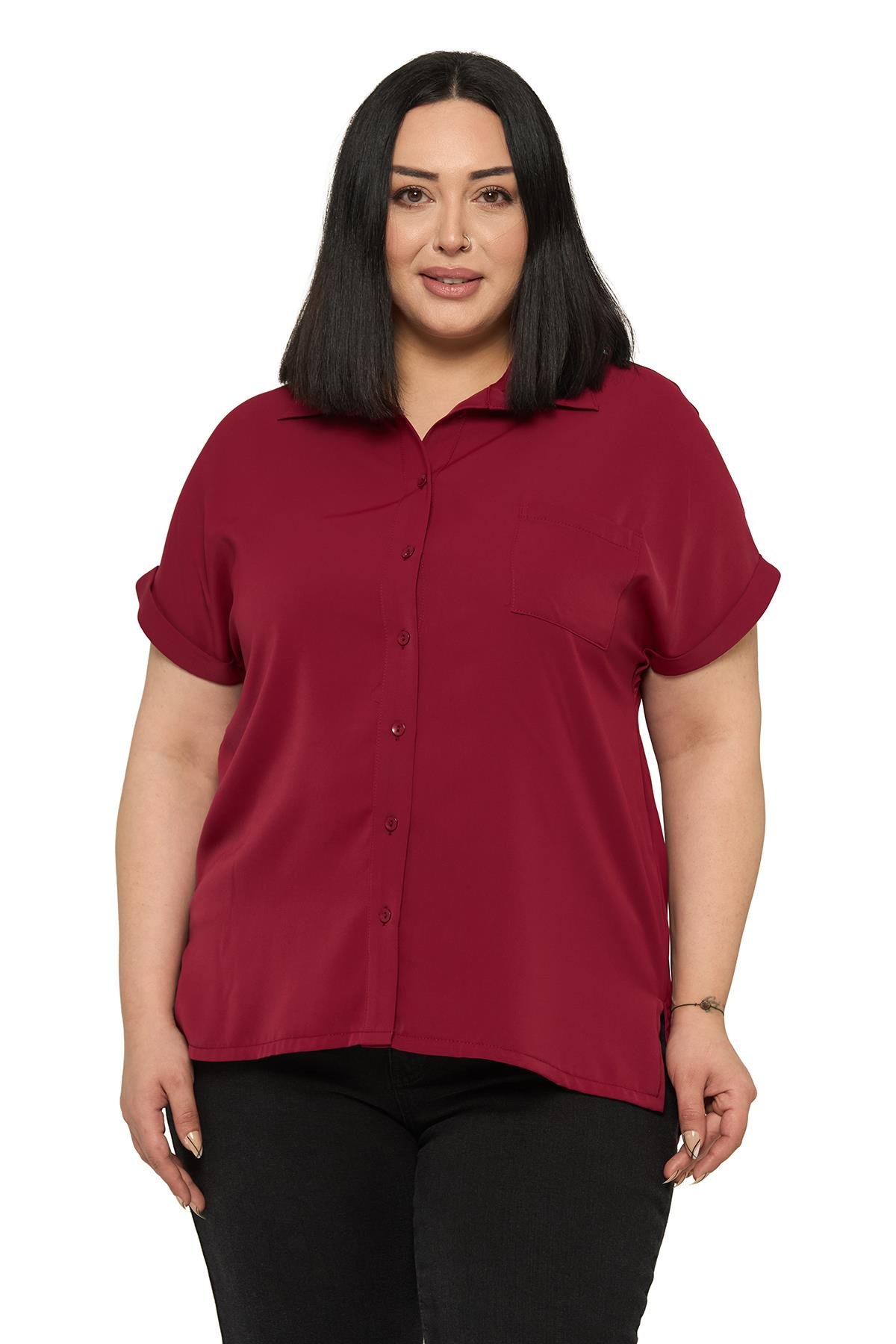 Büyük Beden Tek Cepli Kısa Duble Kollu Bordo Gömlek