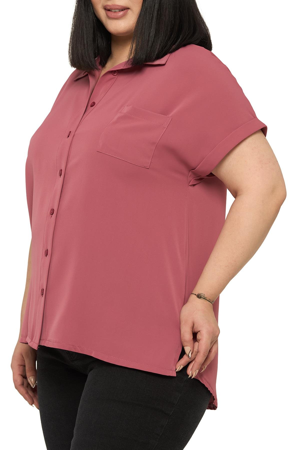 Büyük Beden Tek Cepli Kısa Duble Kollu Gül Kurusu Gömlek