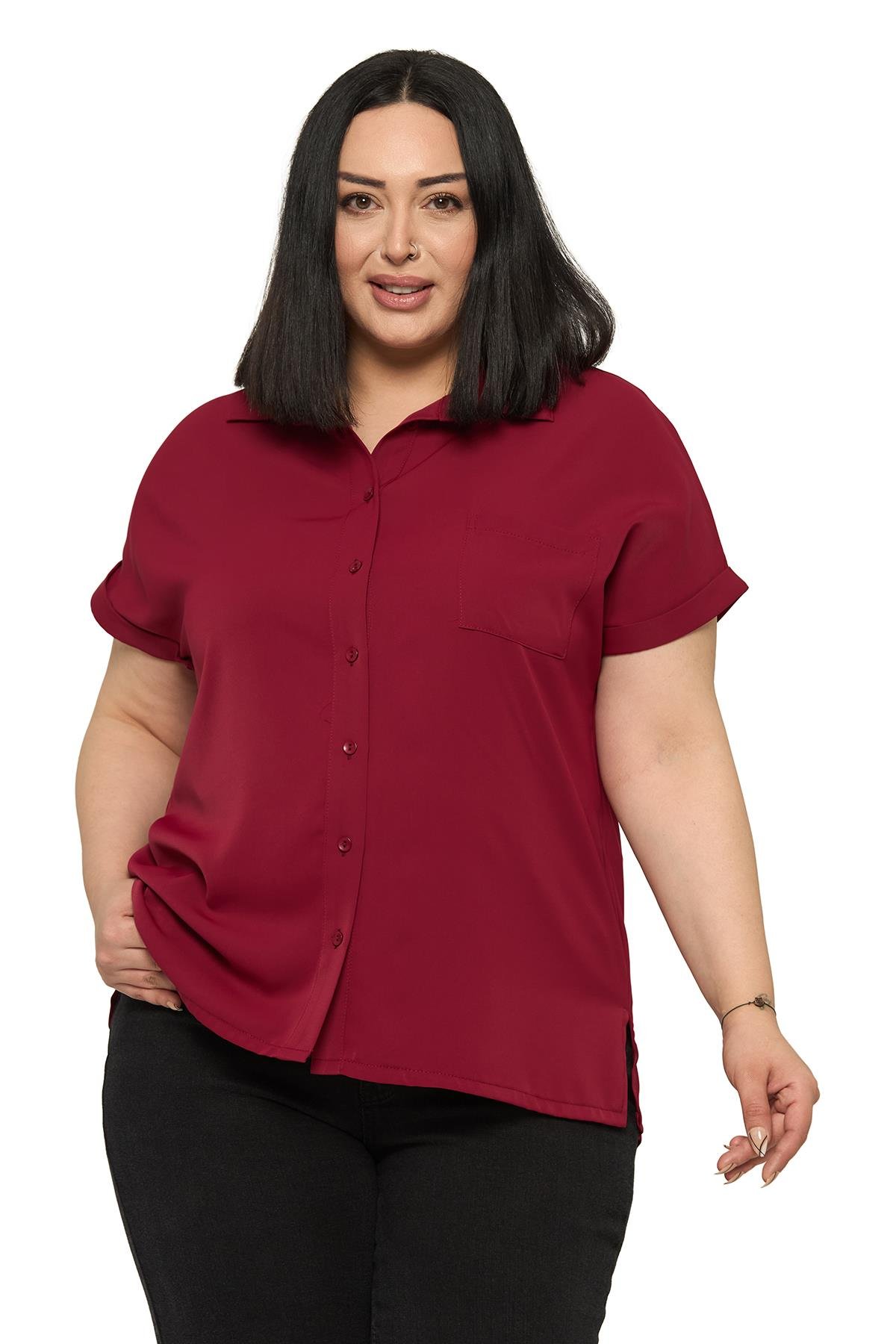 Büyük Beden Tek Cepli Kısa Duble Kollu Bordo Gömlek