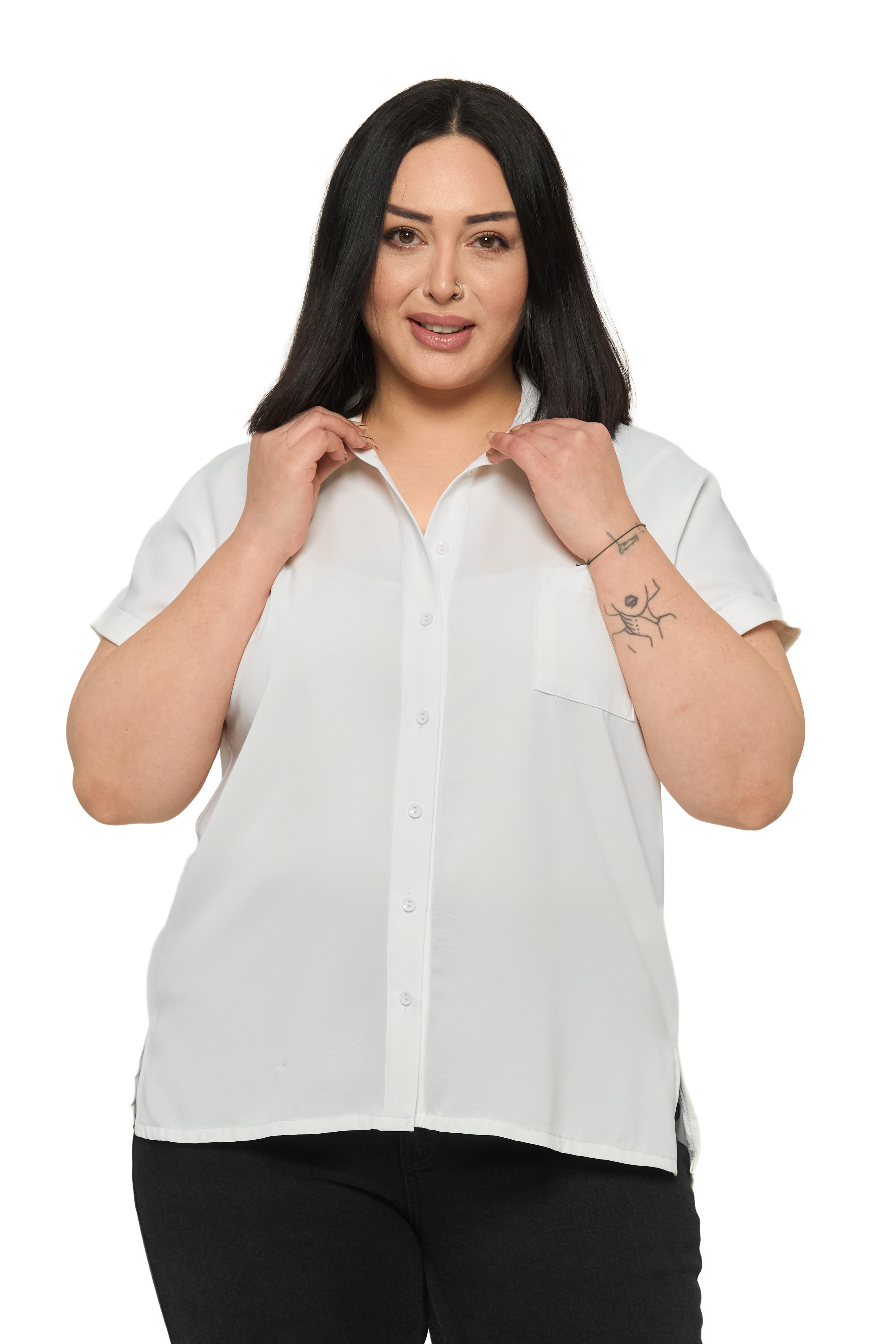 Büyük Beden Tek Cepli Kısa Duble Kollu Beyaz Gömlek