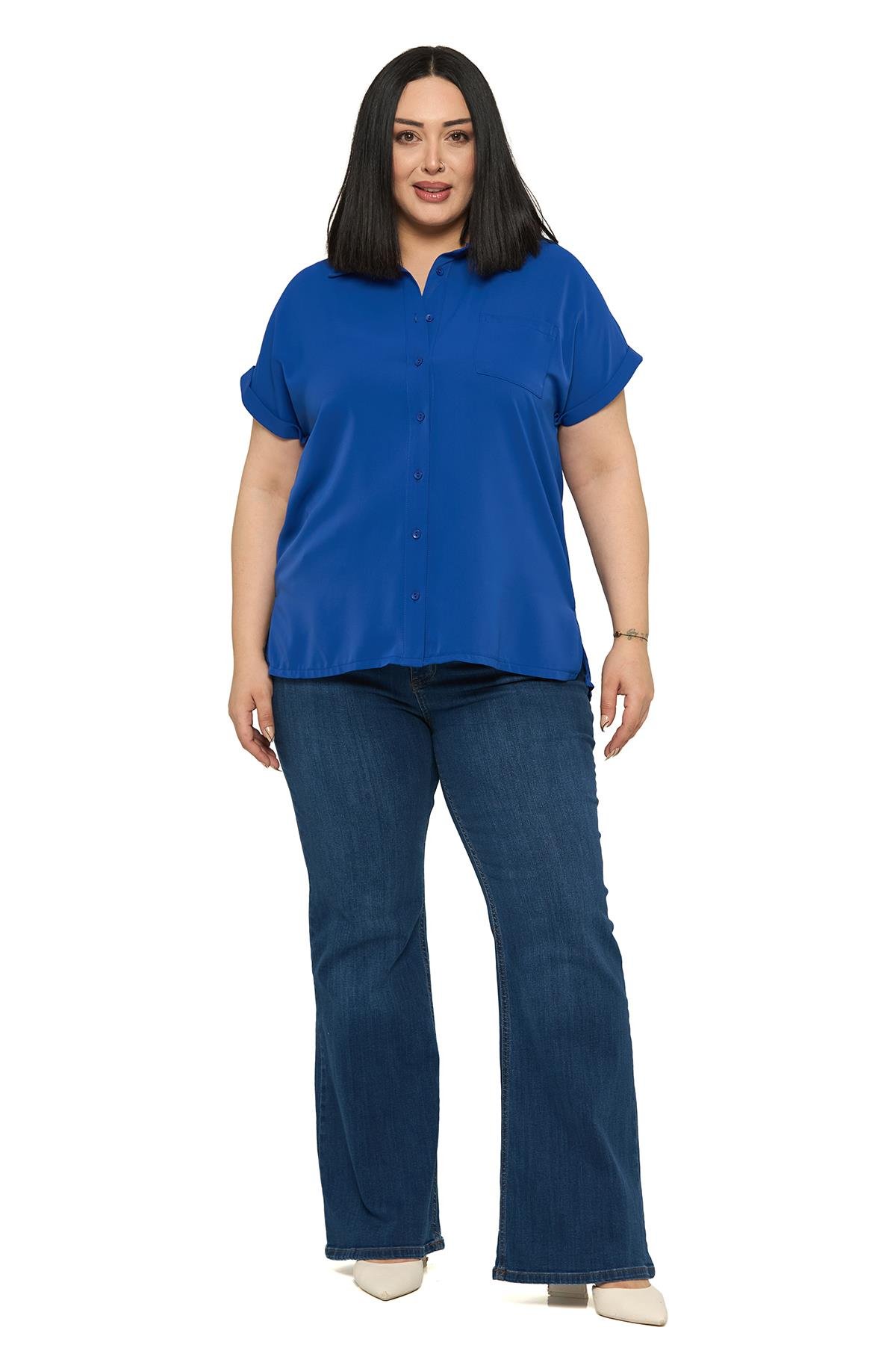 Büyük Beden Tek Cepli Kısa Duble Kollu Saks Mavi Gömlek