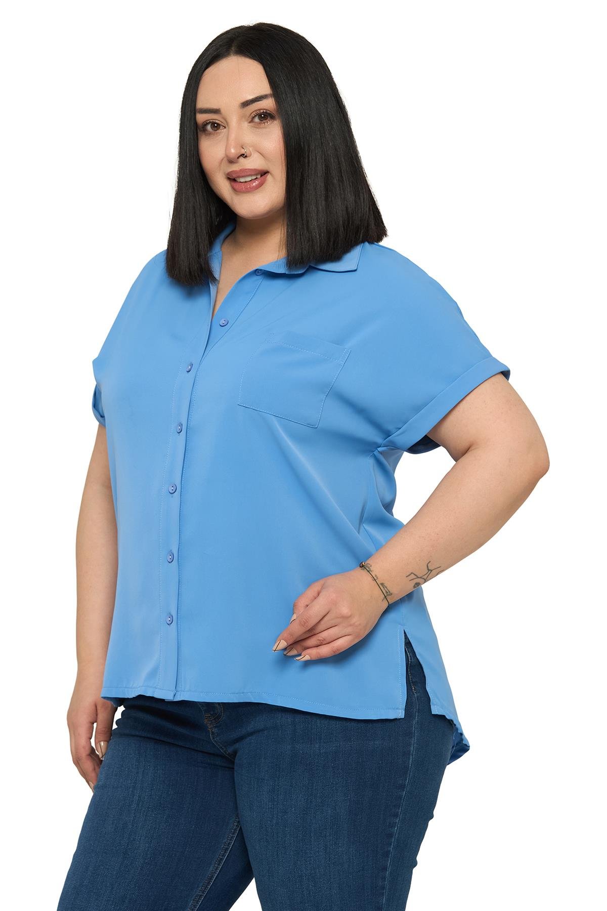 Büyük Beden Tek Cepli Kısa Duble Kollu İndigo Gömlek