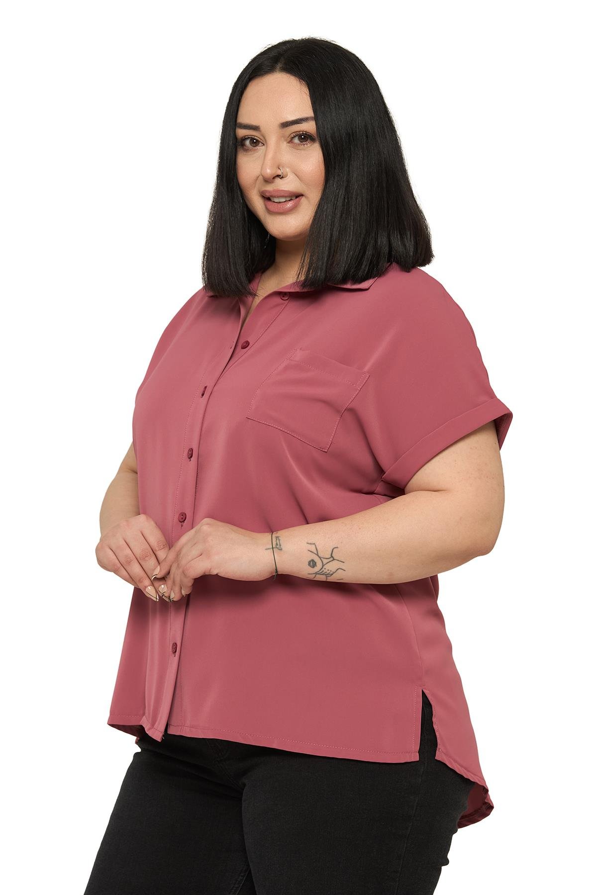 Büyük Beden Tek Cepli Kısa Duble Kollu Gül Kurusu Gömlek