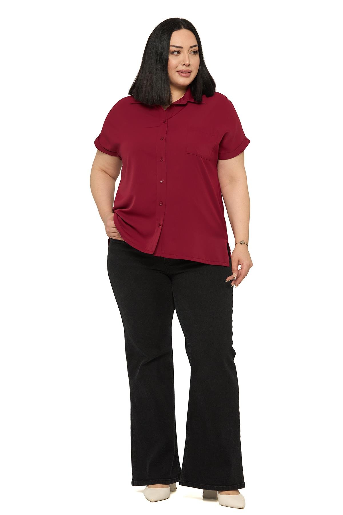 Büyük Beden Tek Cepli Kısa Duble Kollu Bordo Gömlek