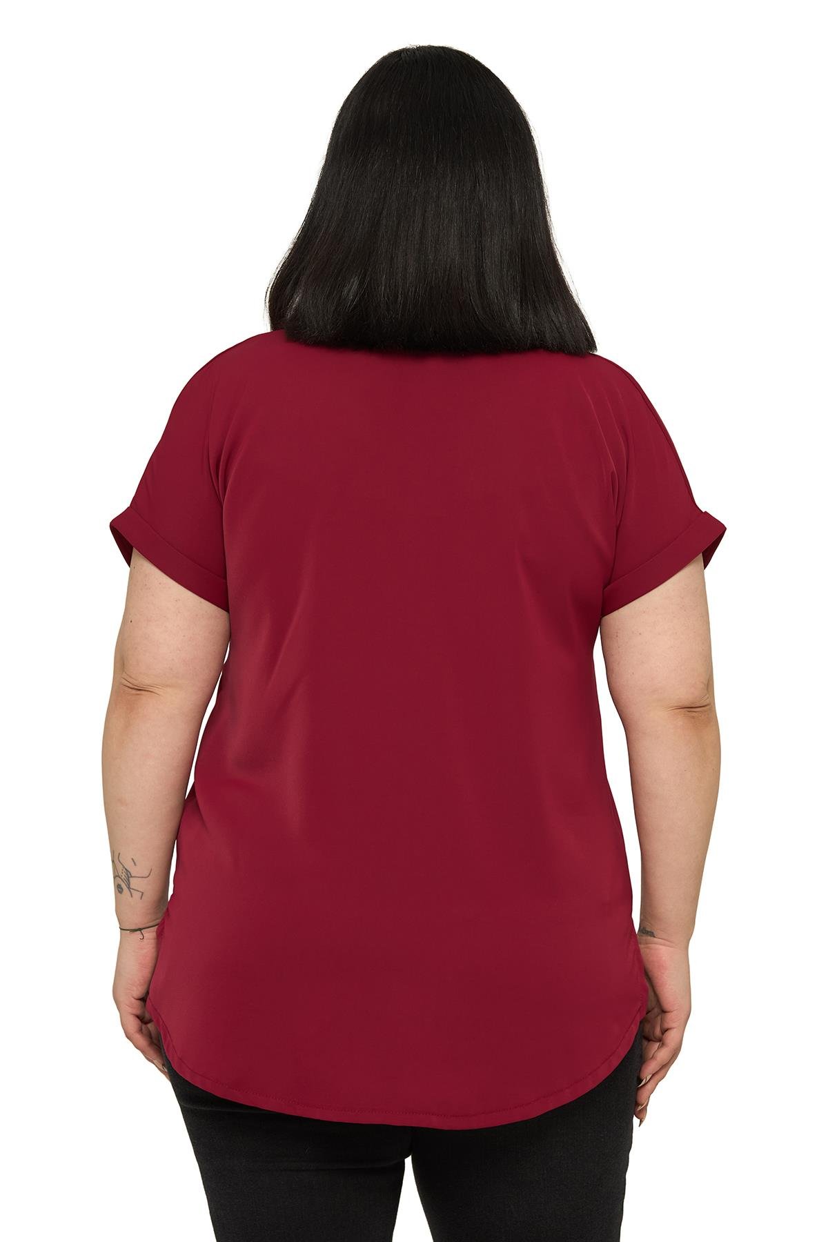 Büyük Beden Tek Cepli Kısa Duble Kollu Bordo Gömlek