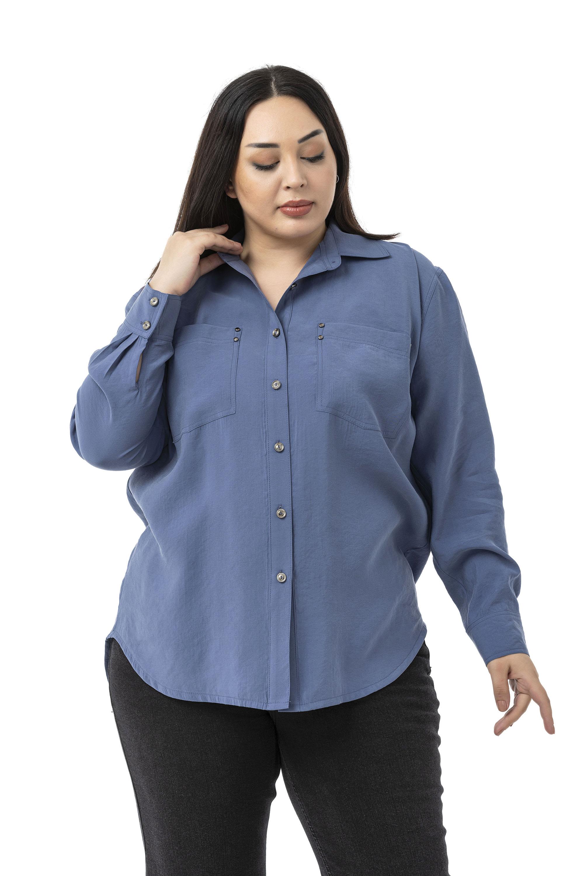 Büyük Beden Torba Cepli Rivetli İndigo Gömlek