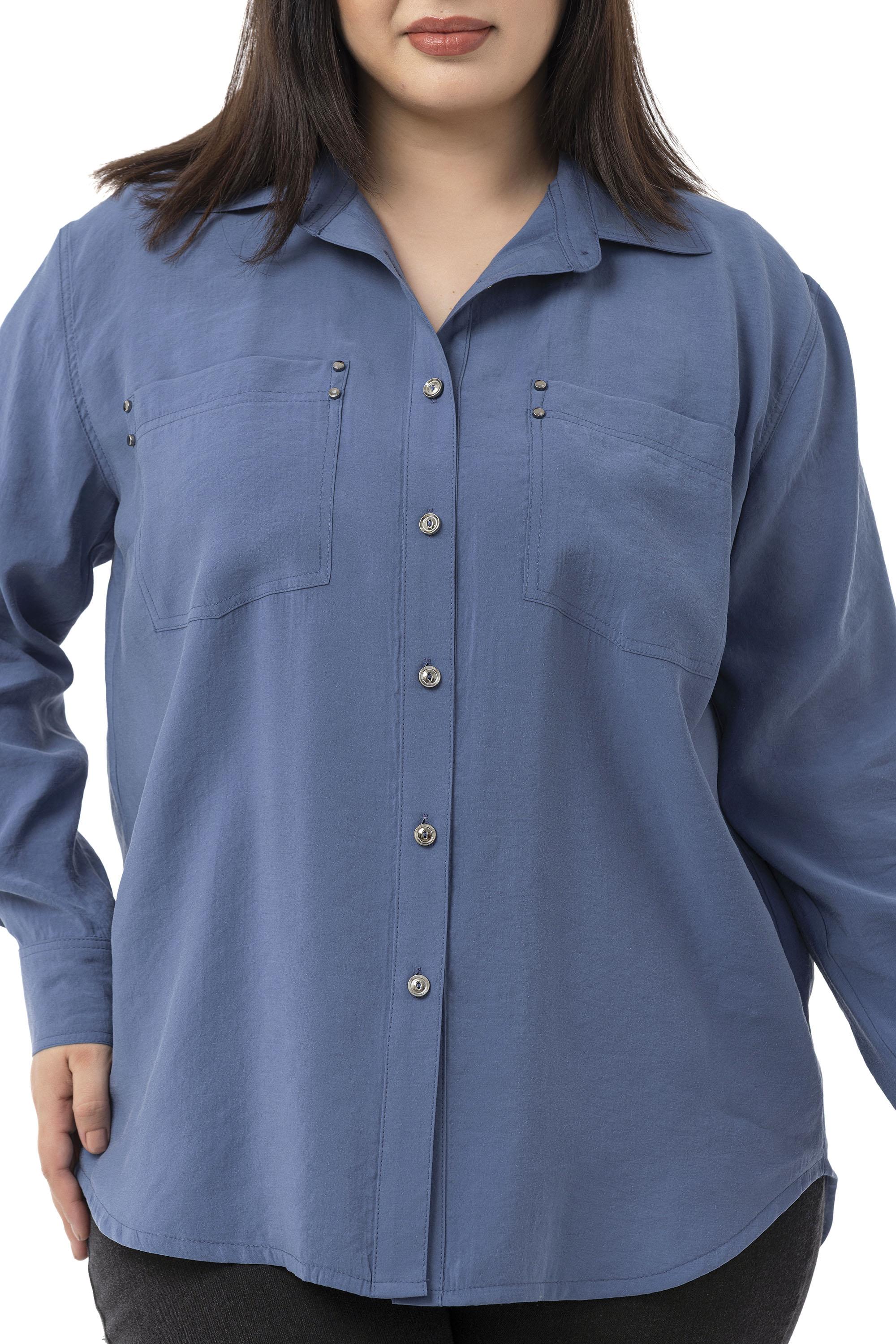 Büyük Beden Torba Cepli Rivetli İndigo Gömlek