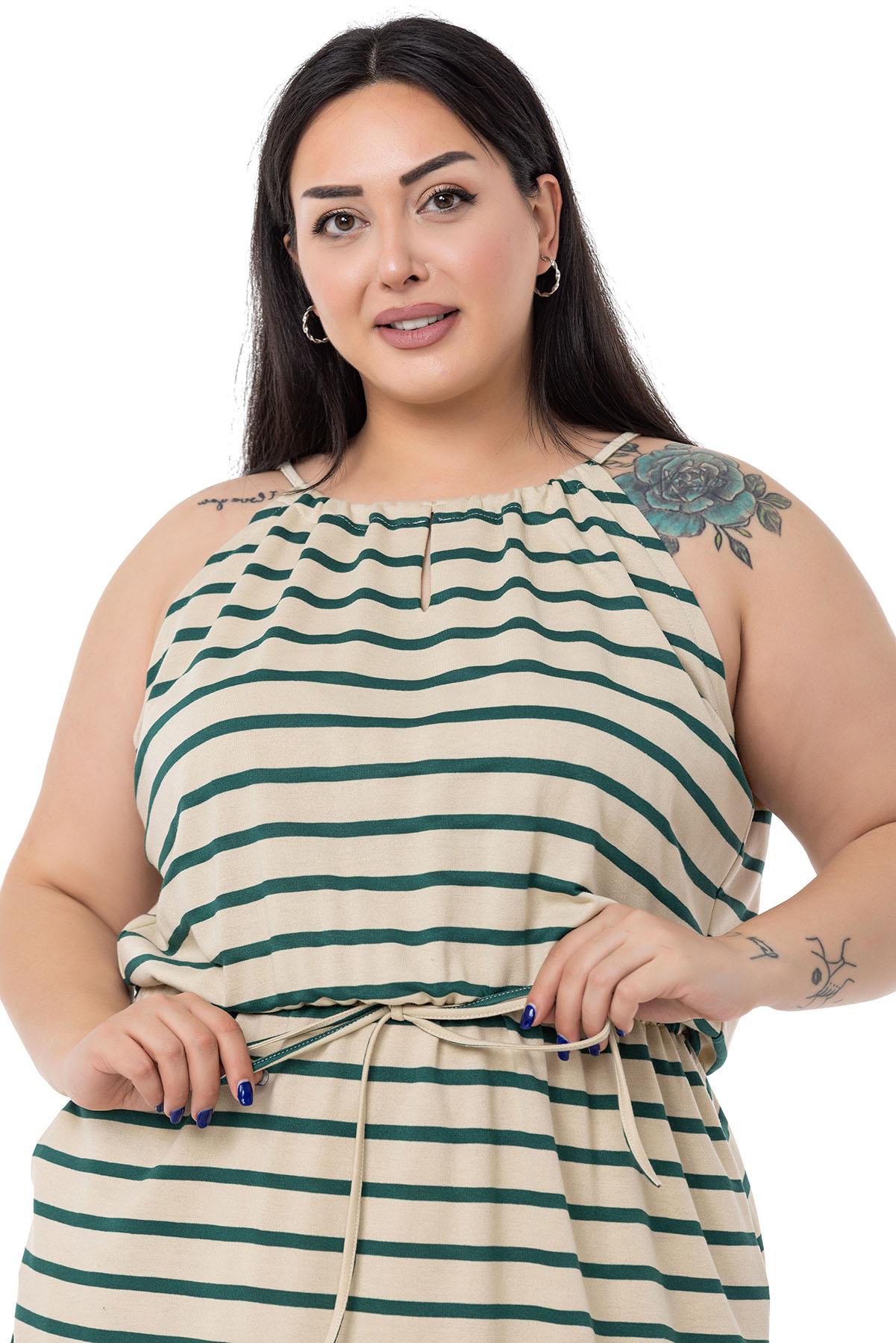 Plus Size Emerald Striped Long Dress with Tie Detail Straps and Elastic Waist
