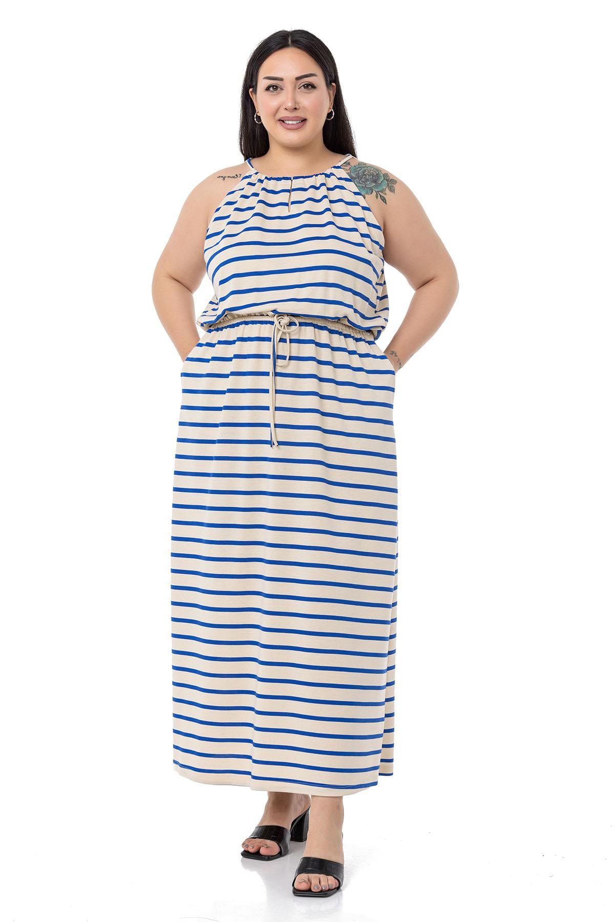 Plus Size Sax Blue Striped Long Dress with Tie Detail Straps and Elastic Waist