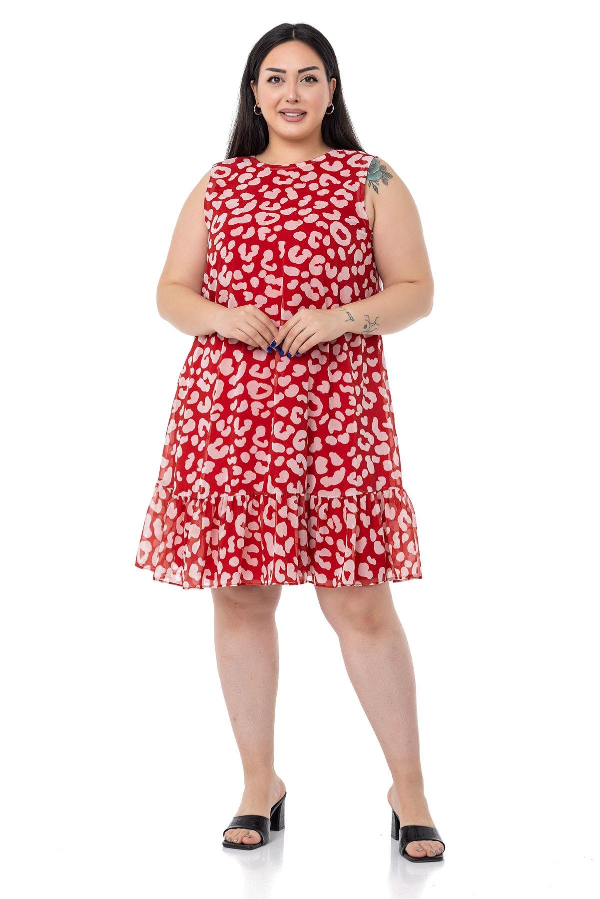 Büyük Beden Bağlama Detaylı Şifon Astarlı Mini Kırmızı Elbise 