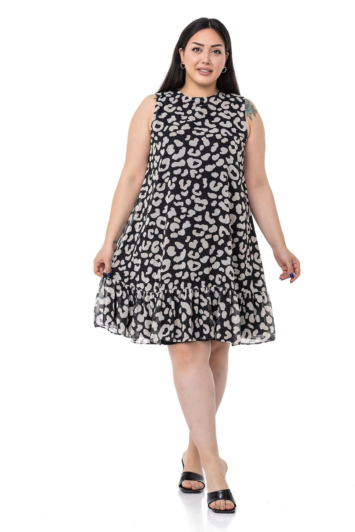 Büyük Beden Bağlama Detaylı Şifon Astarlı Mini Siyah Elbise 