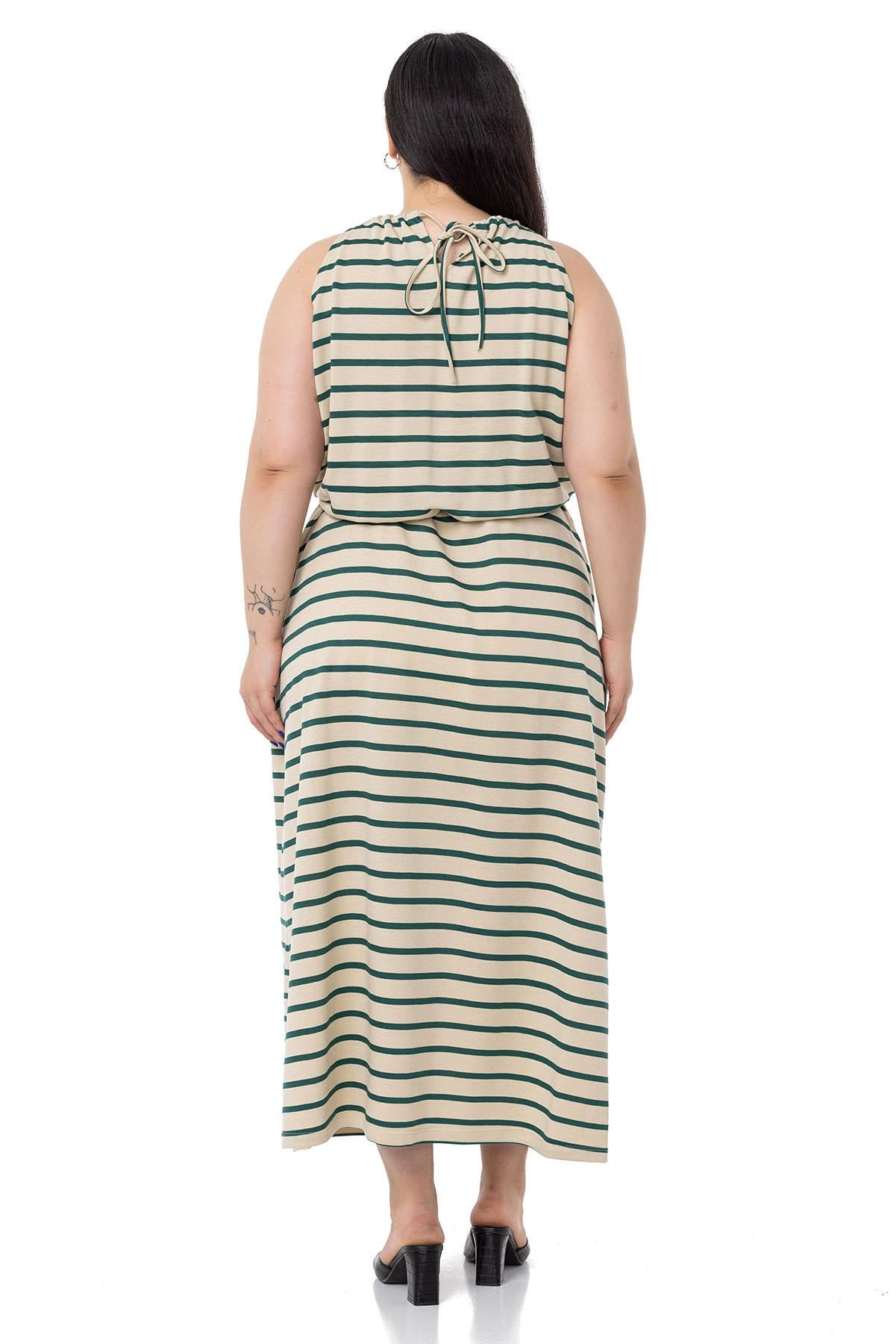 Plus Size Emerald Striped Long Dress with Tie Detail Straps and Elastic Waist
