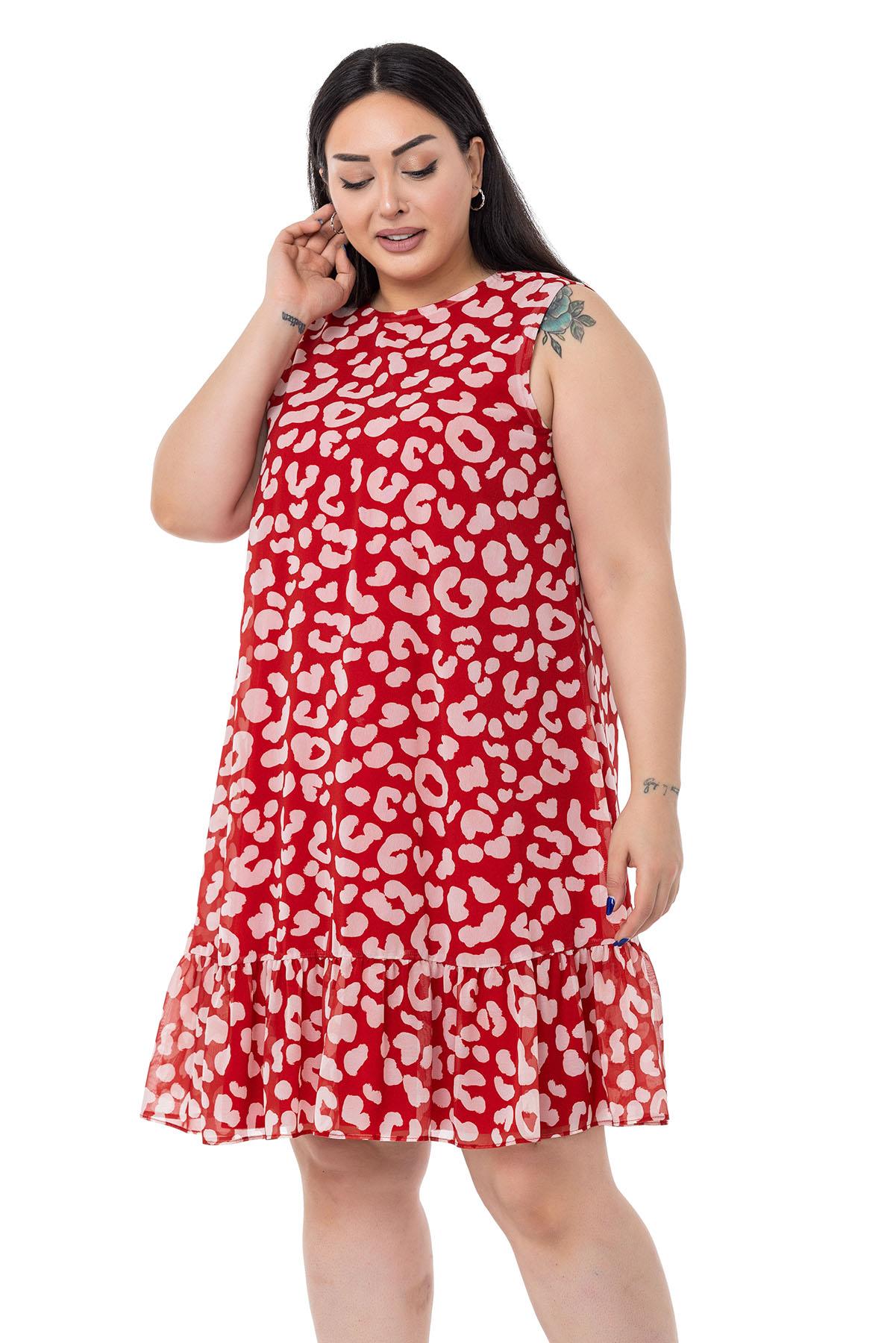 Büyük Beden Bağlama Detaylı Şifon Astarlı Mini Kırmızı Elbise 