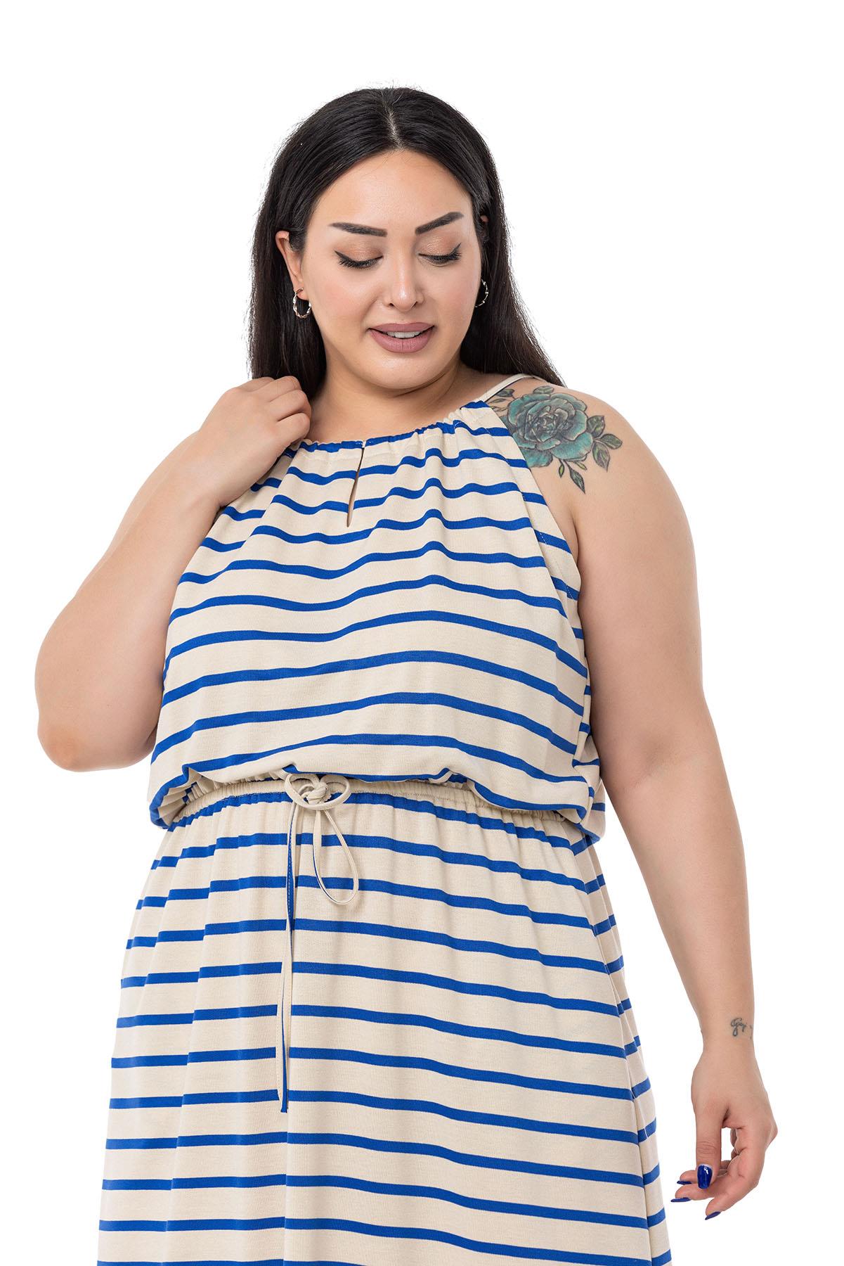 Plus Size Sax Blue Striped Long Dress with Tie Detail Straps and Elastic Waist