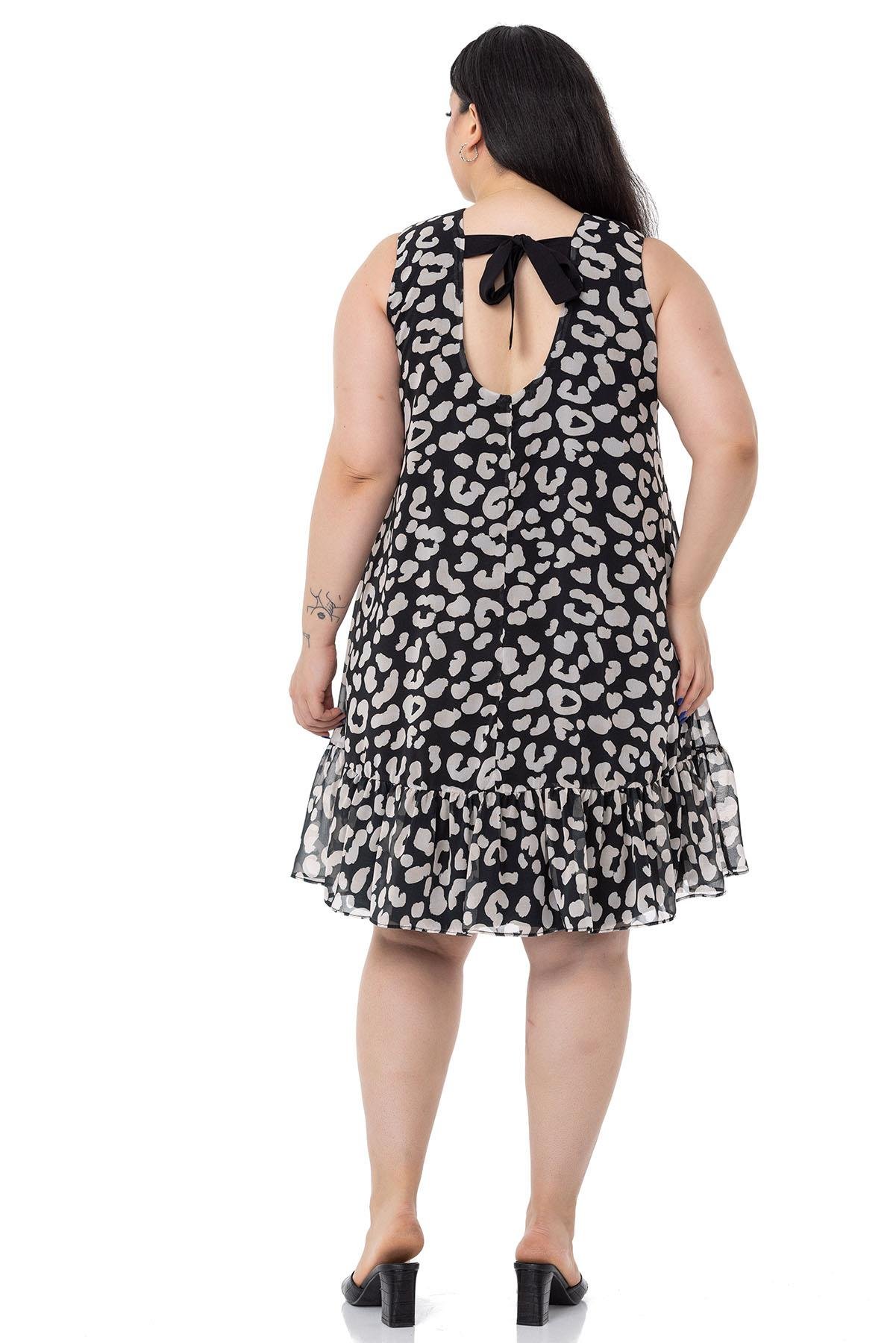 Büyük Beden Bağlama Detaylı Şifon Astarlı Mini Siyah Elbise 