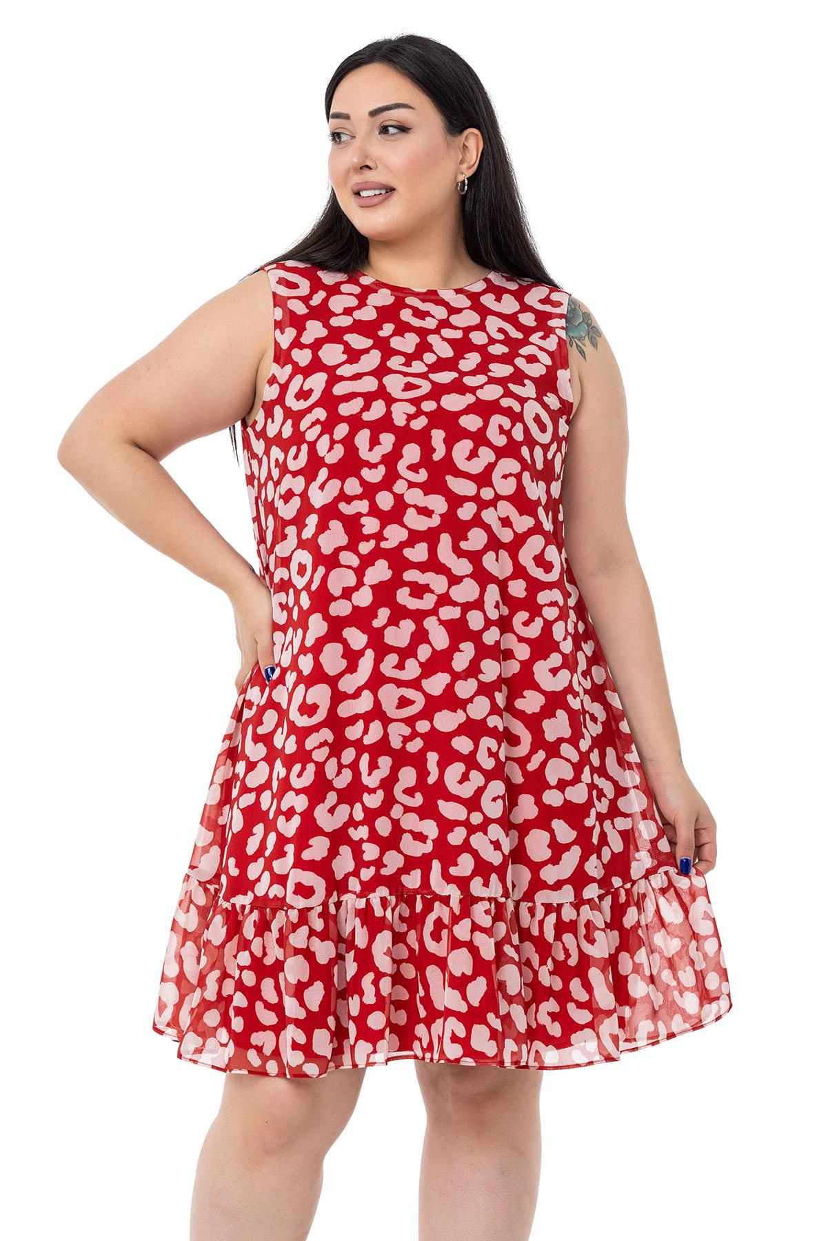 Büyük Beden Bağlama Detaylı Şifon Astarlı Mini Kırmızı Elbise 