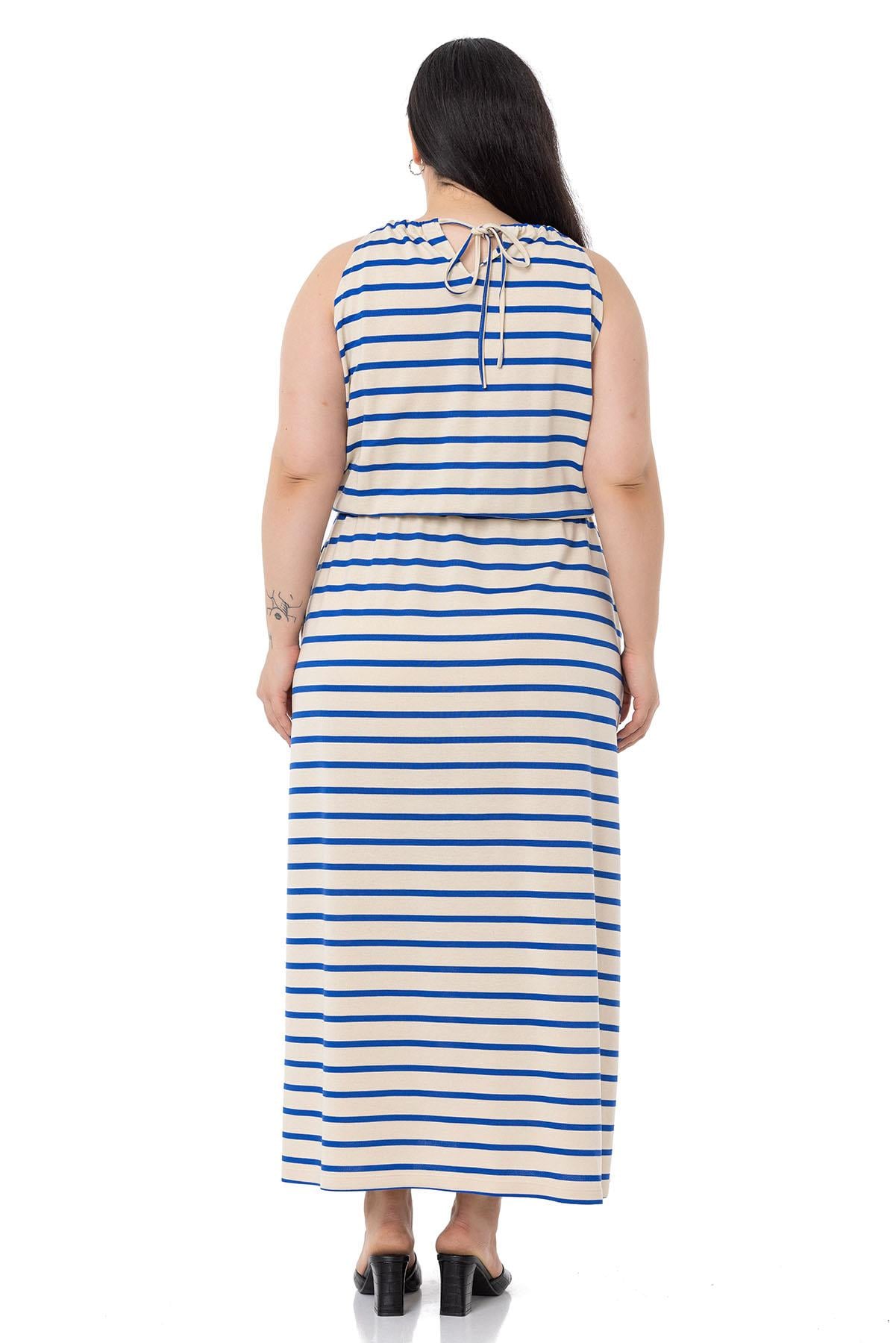 Plus Size Sax Blue Striped Long Dress with Tie Detail Straps and Elastic Waist