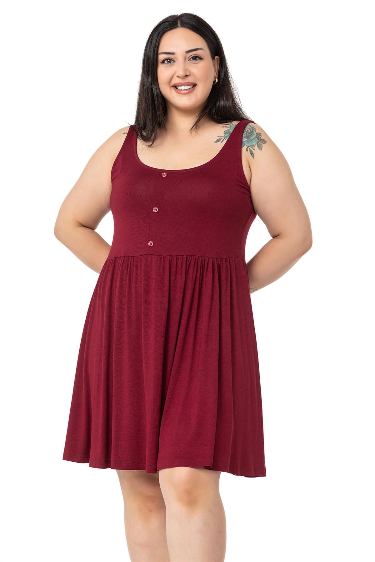 Plus Size Ornamental Button Detailed Viscose Short Burgundy Dress