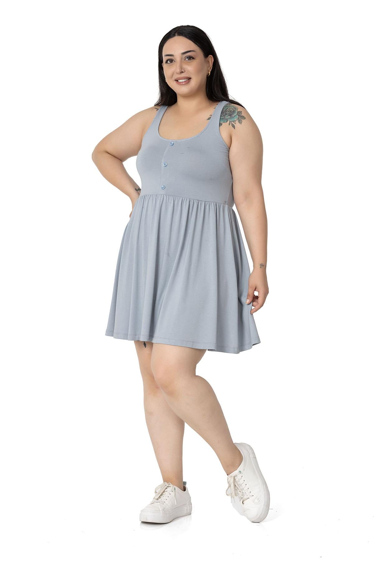 Plus Size Ornamental Button Detailed Viscose Short Light Gray Dress