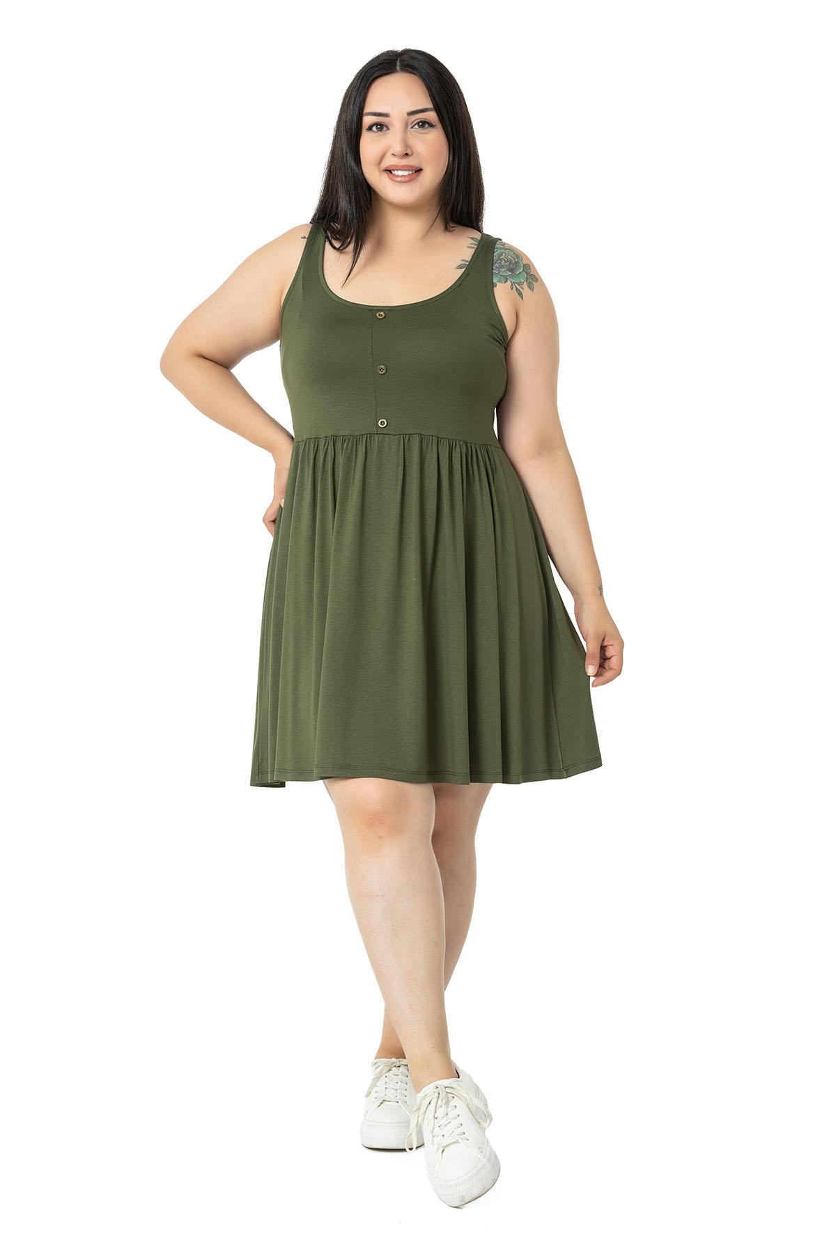 Plus Size Ornamental Button Detailed Viscose Short Khaki Dress
