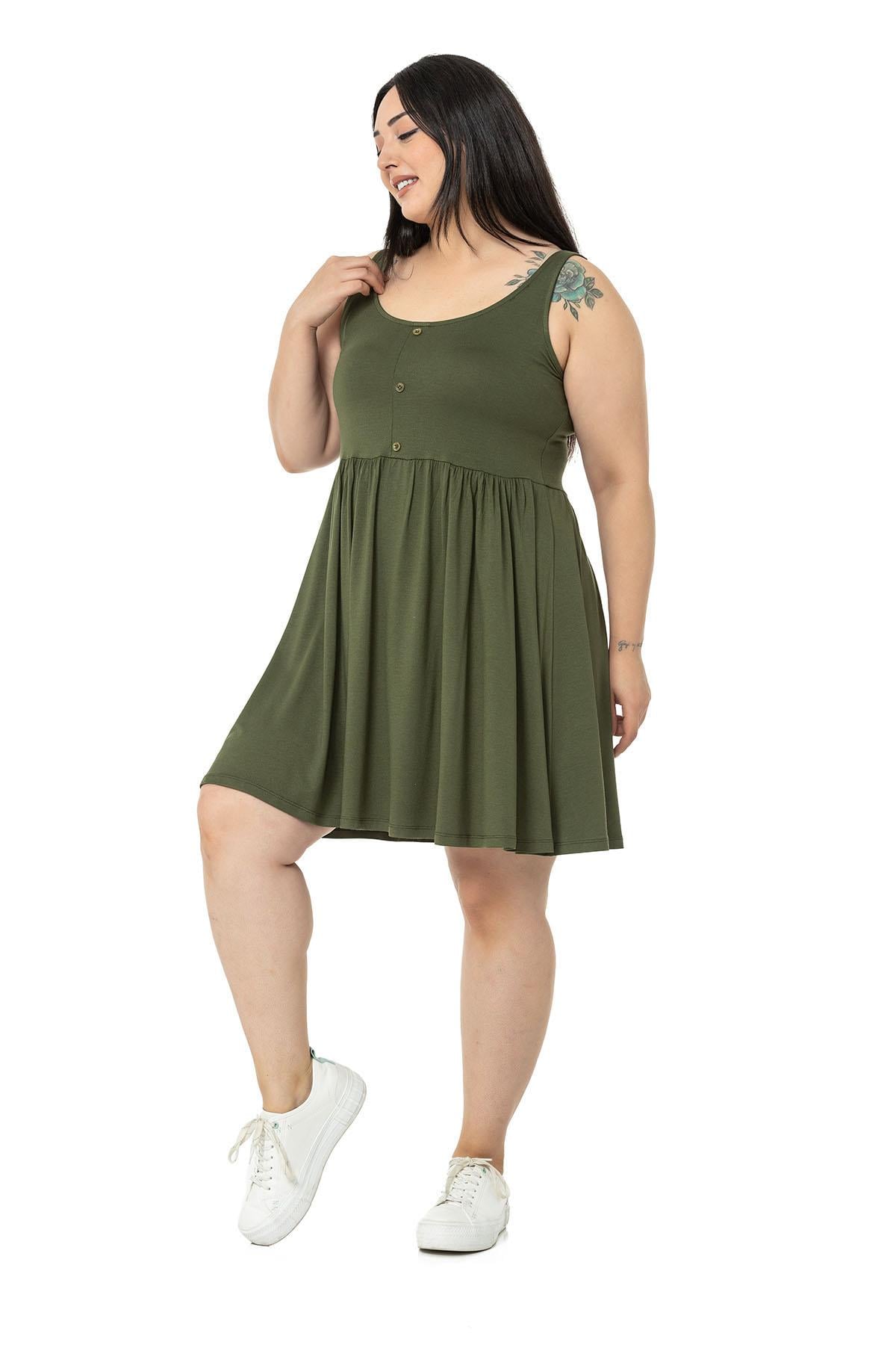 Plus Size Ornamental Button Detailed Viscose Short Khaki Dress