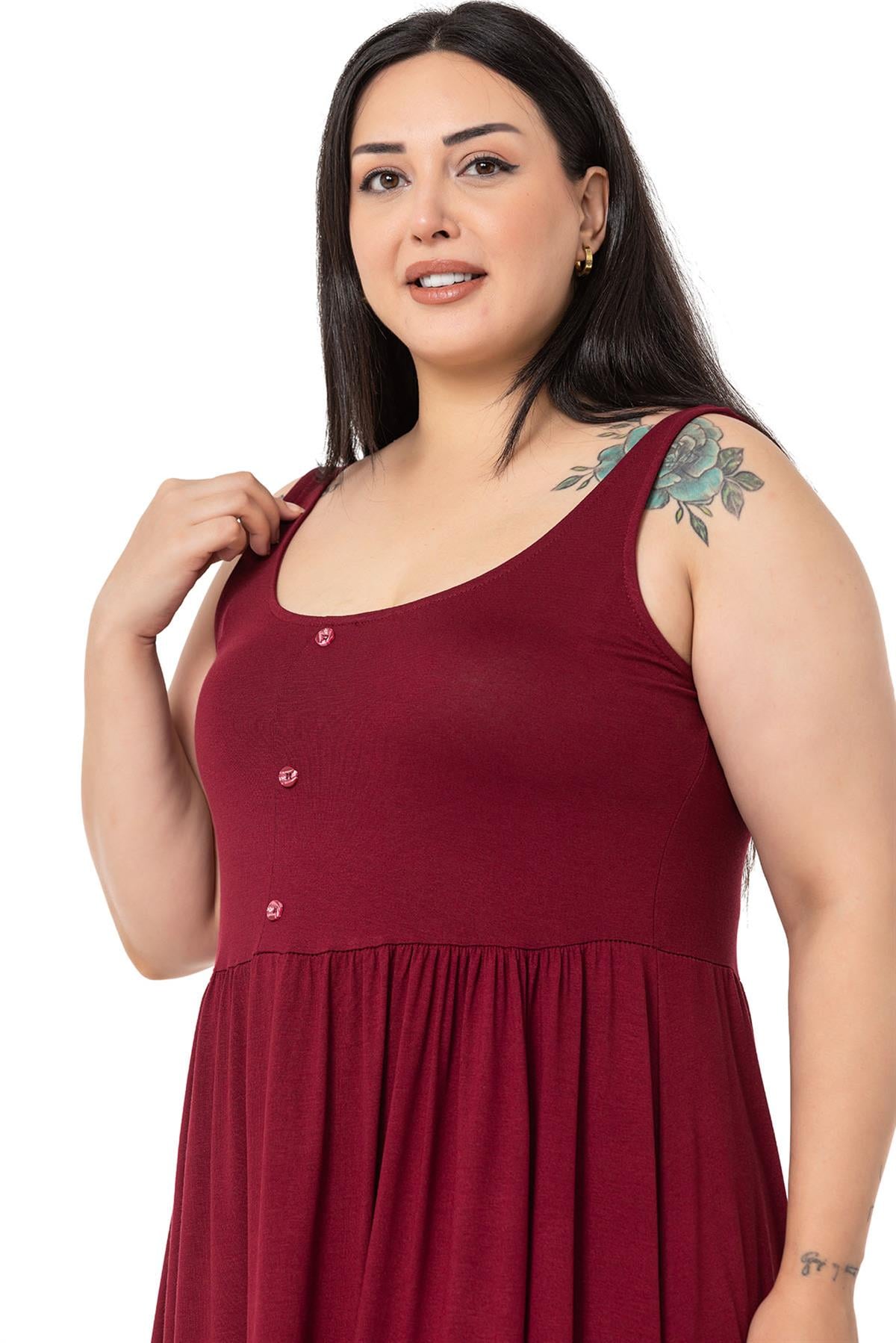 Plus Size Ornamental Button Detailed Viscose Short Burgundy Dress