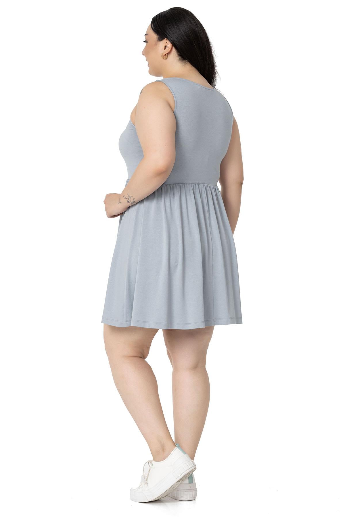 Plus Size Ornamental Button Detailed Viscose Short Light Gray Dress