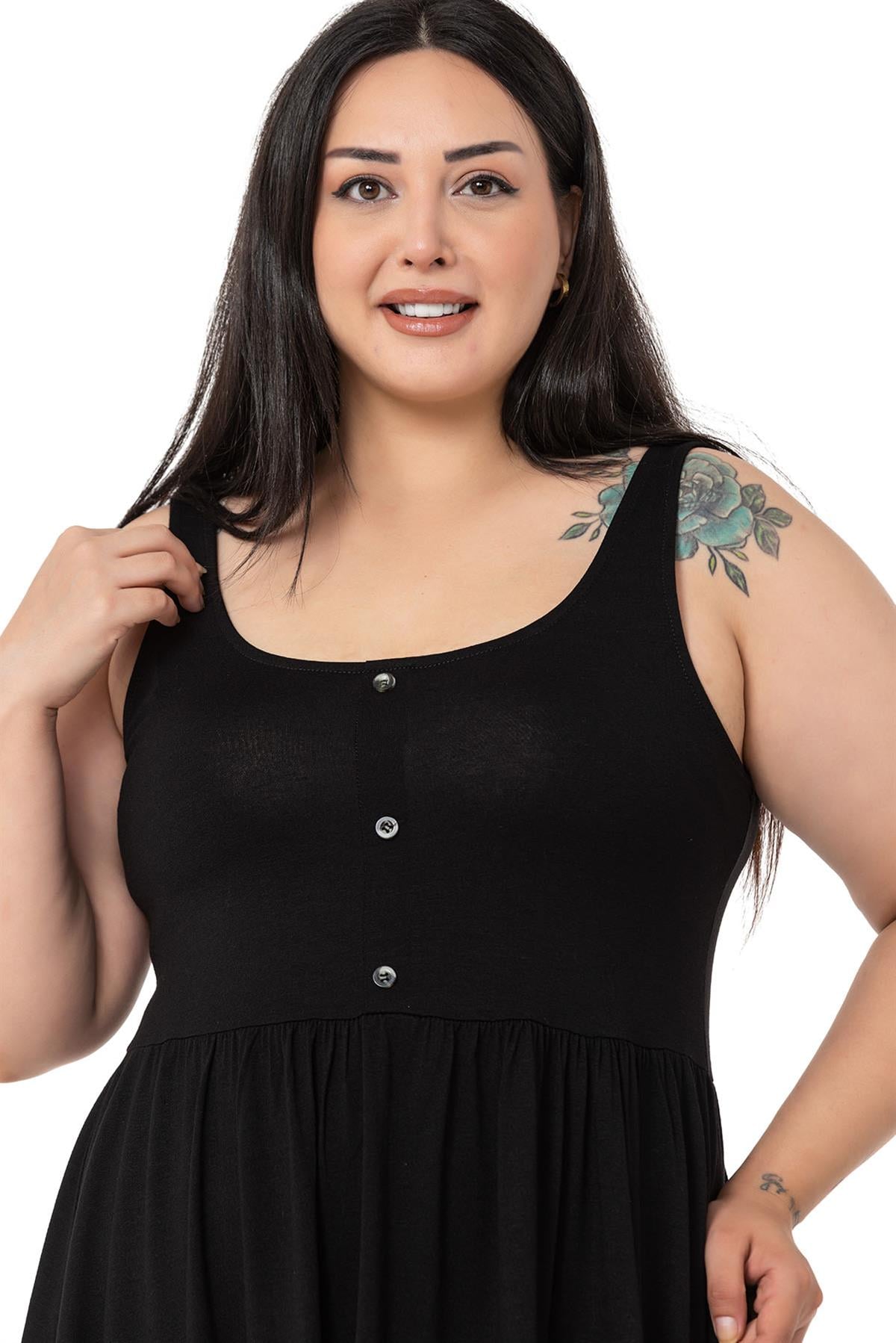 Plus Size Ornamental Button Detailed Viscose Short Black Dress