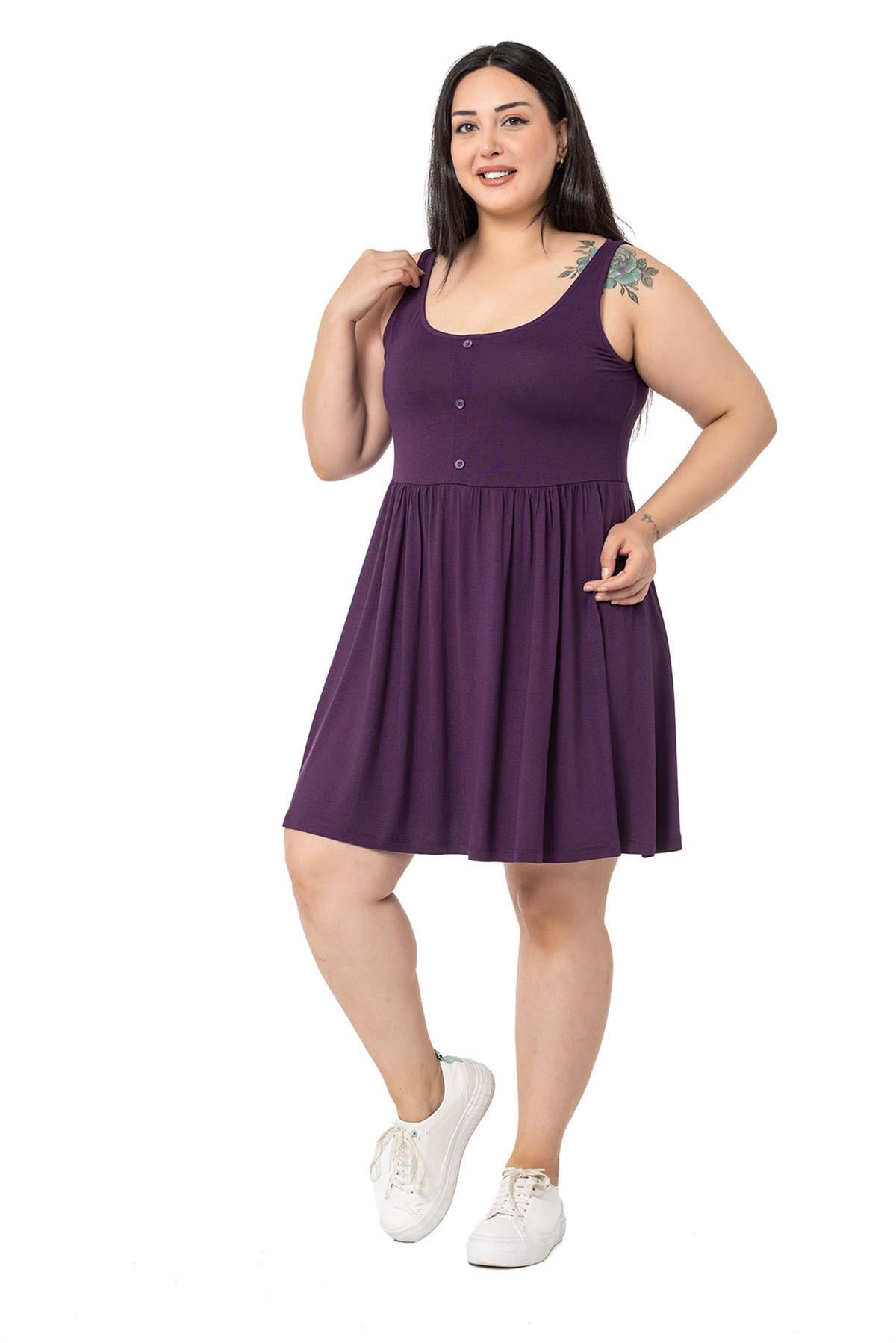 Plus Size Ornamental Button Detailed Viscose Short Plum Dress