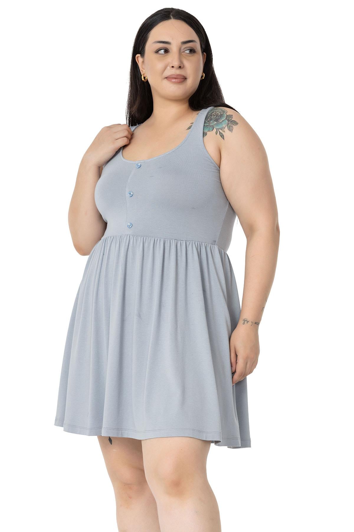 Plus Size Ornamental Button Detailed Viscose Short Light Gray Dress