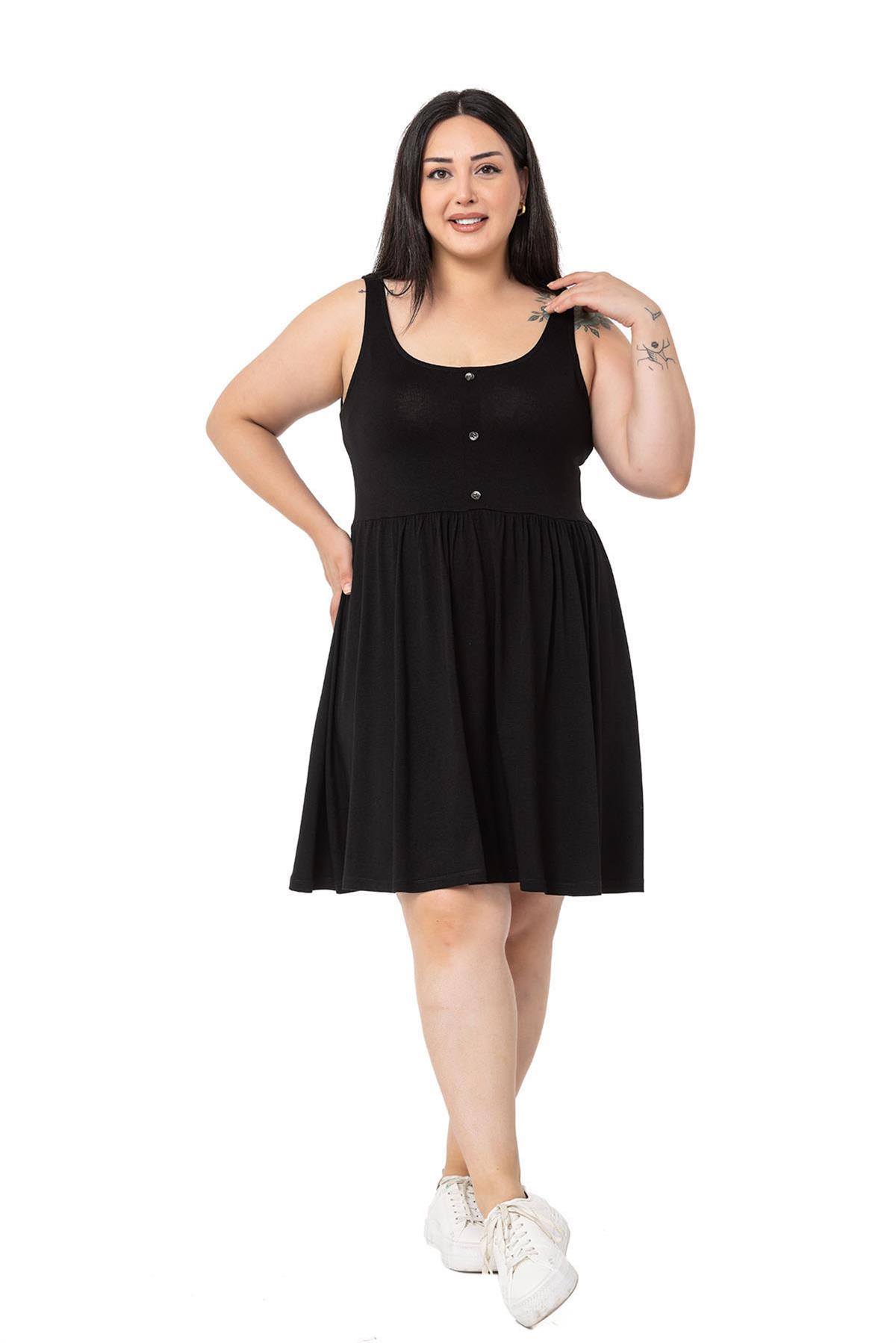 Plus Size Ornamental Button Detailed Viscose Short Black Dress