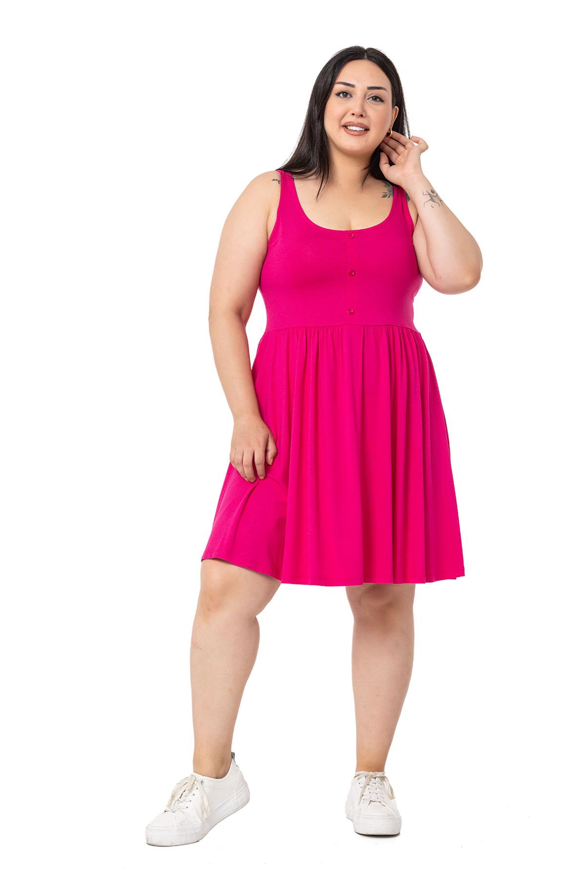 Plus Size Ornamental Button Detailed Viscose Short Fuchsia Dress