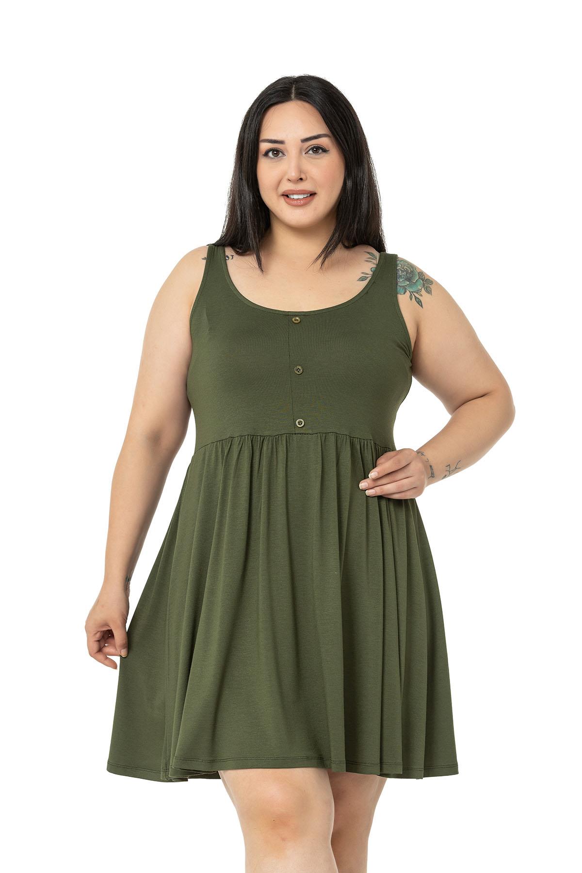 Plus Size Ornamental Button Detailed Viscose Short Khaki Dress