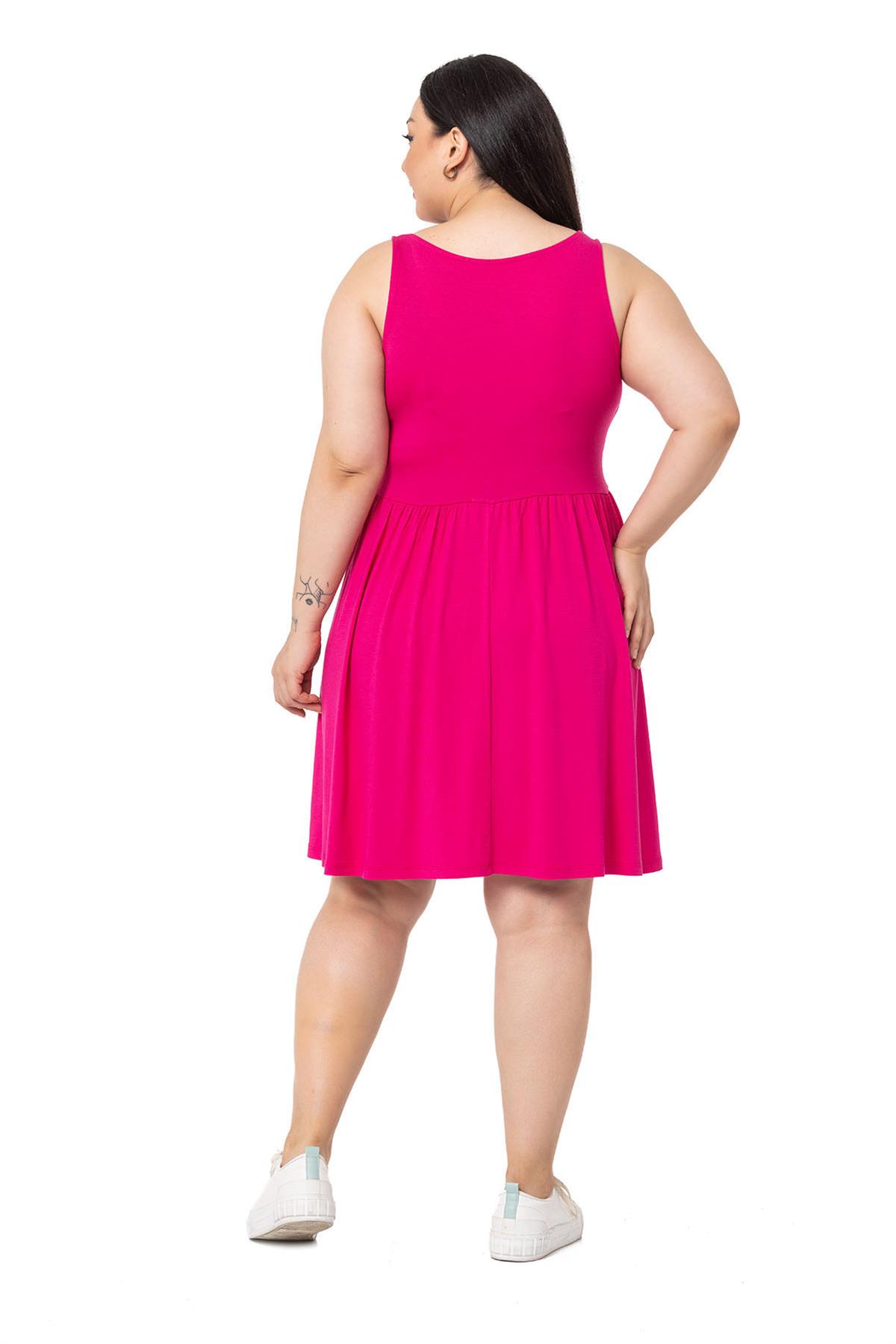 Plus Size Ornamental Button Detailed Viscose Short Fuchsia Dress
