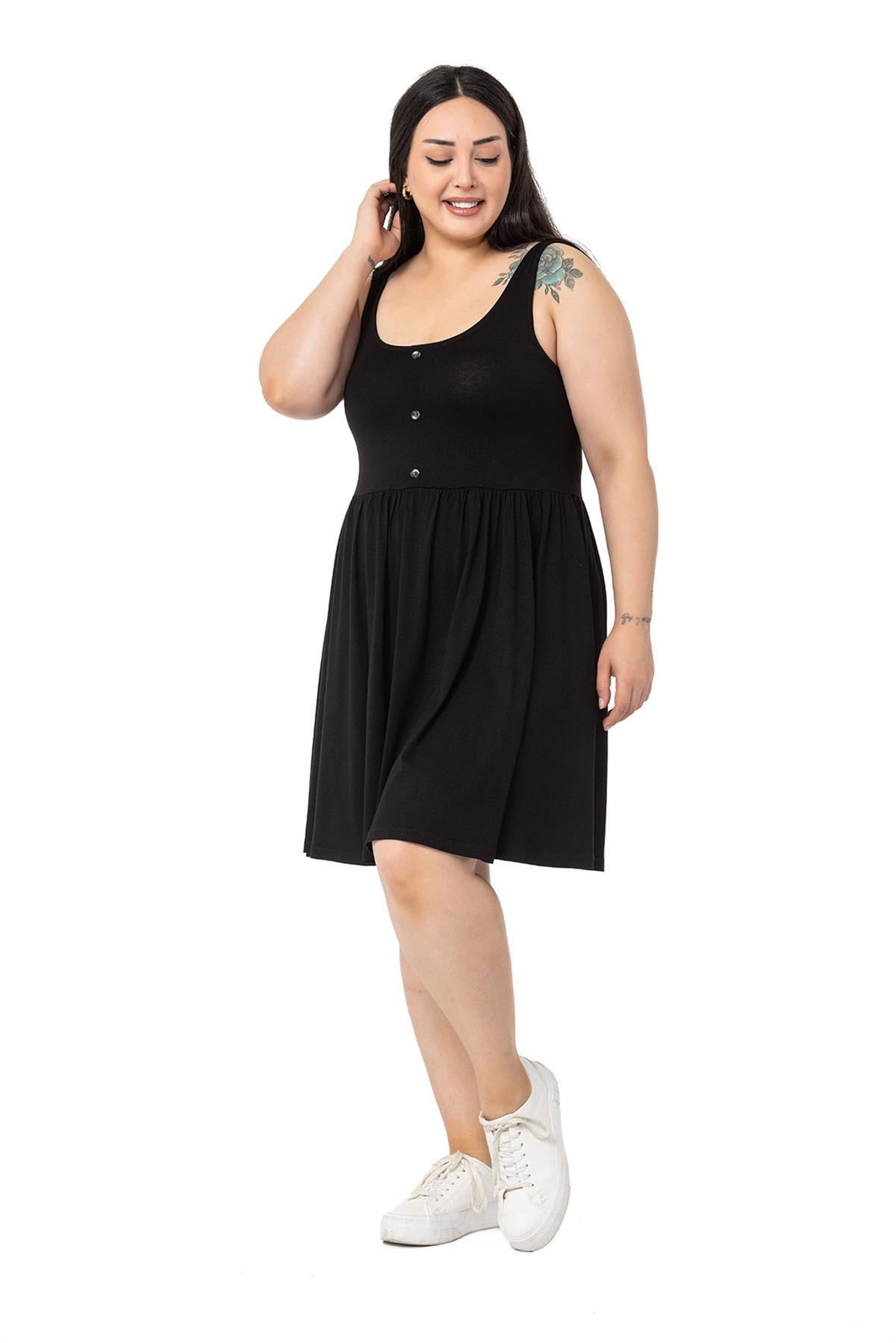 Plus Size Ornamental Button Detailed Viscose Short Black Dress