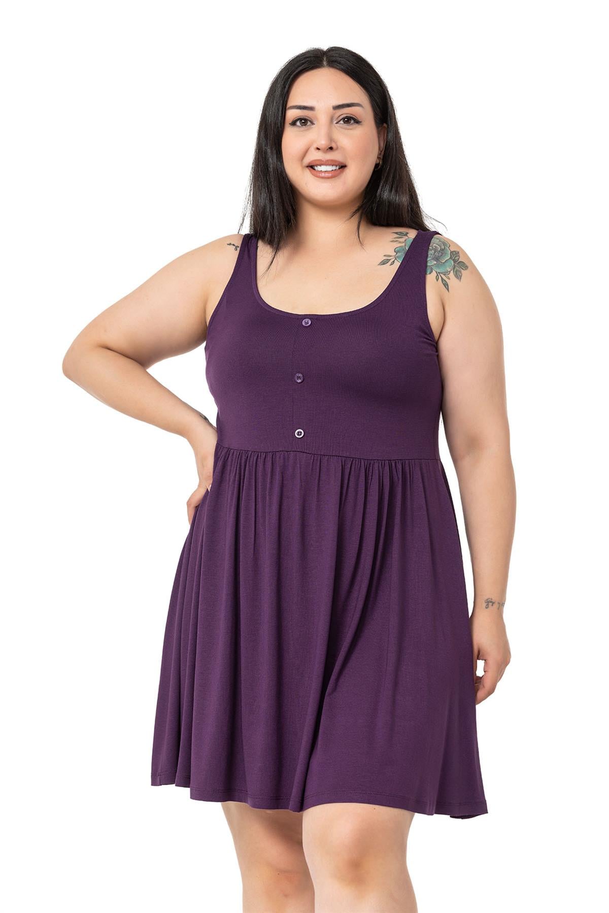 Plus Size Ornamental Button Detailed Viscose Short Plum Dress