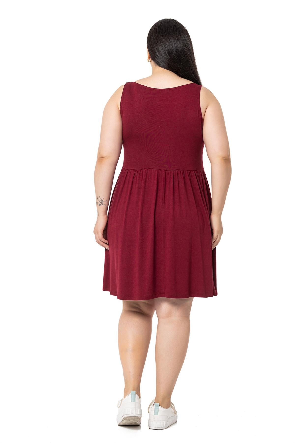 Plus Size Ornamental Button Detailed Viscose Short Burgundy Dress