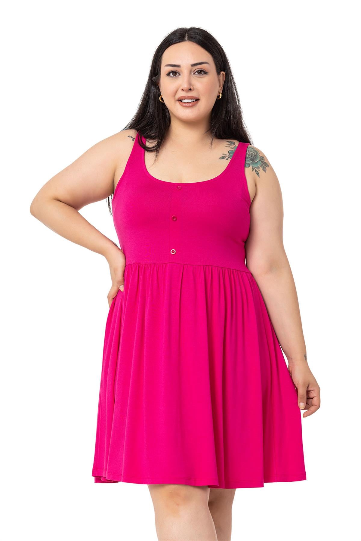 Plus Size Ornamental Button Detailed Viscose Short Fuchsia Dress
