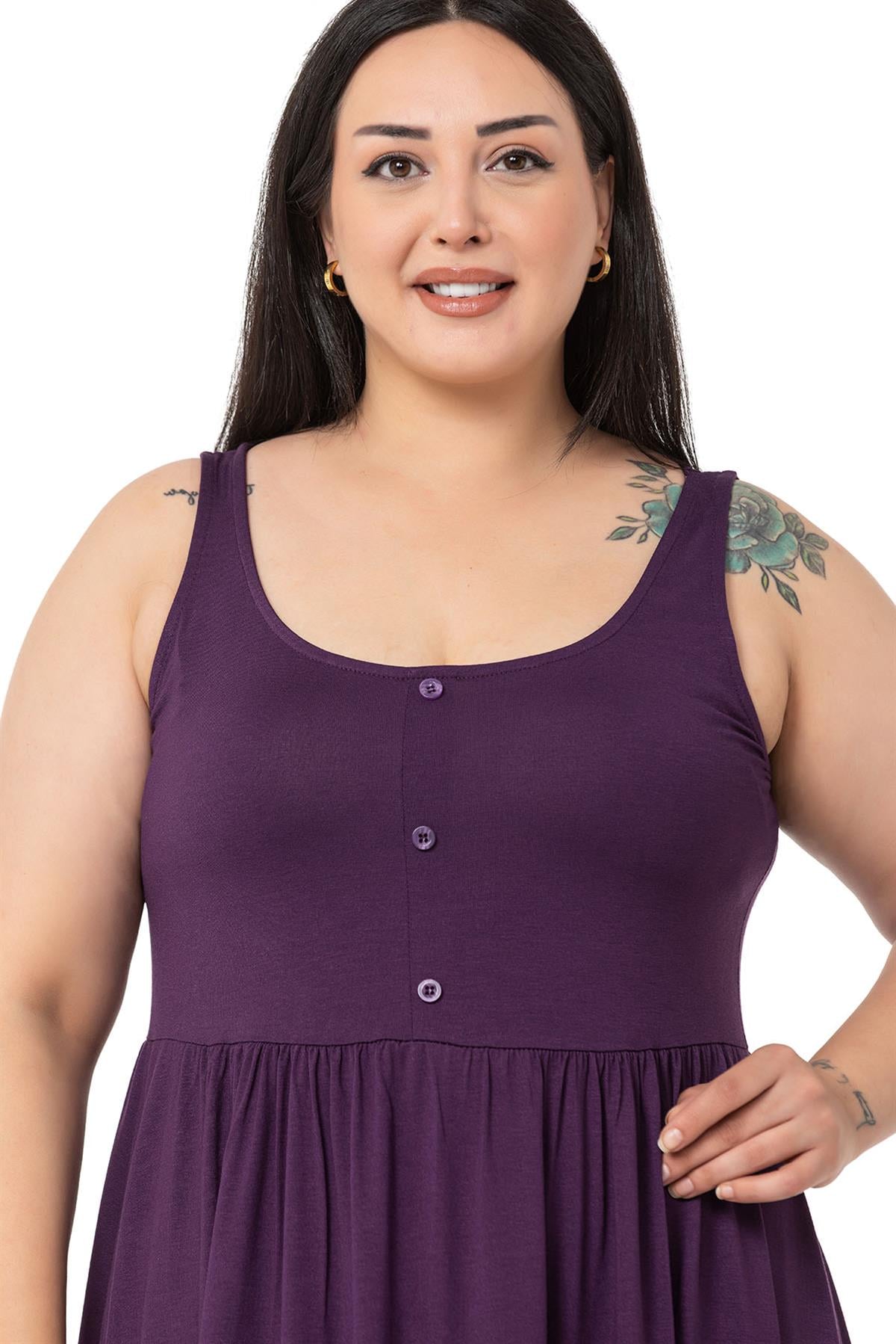 Plus Size Ornamental Button Detailed Viscose Short Plum Dress