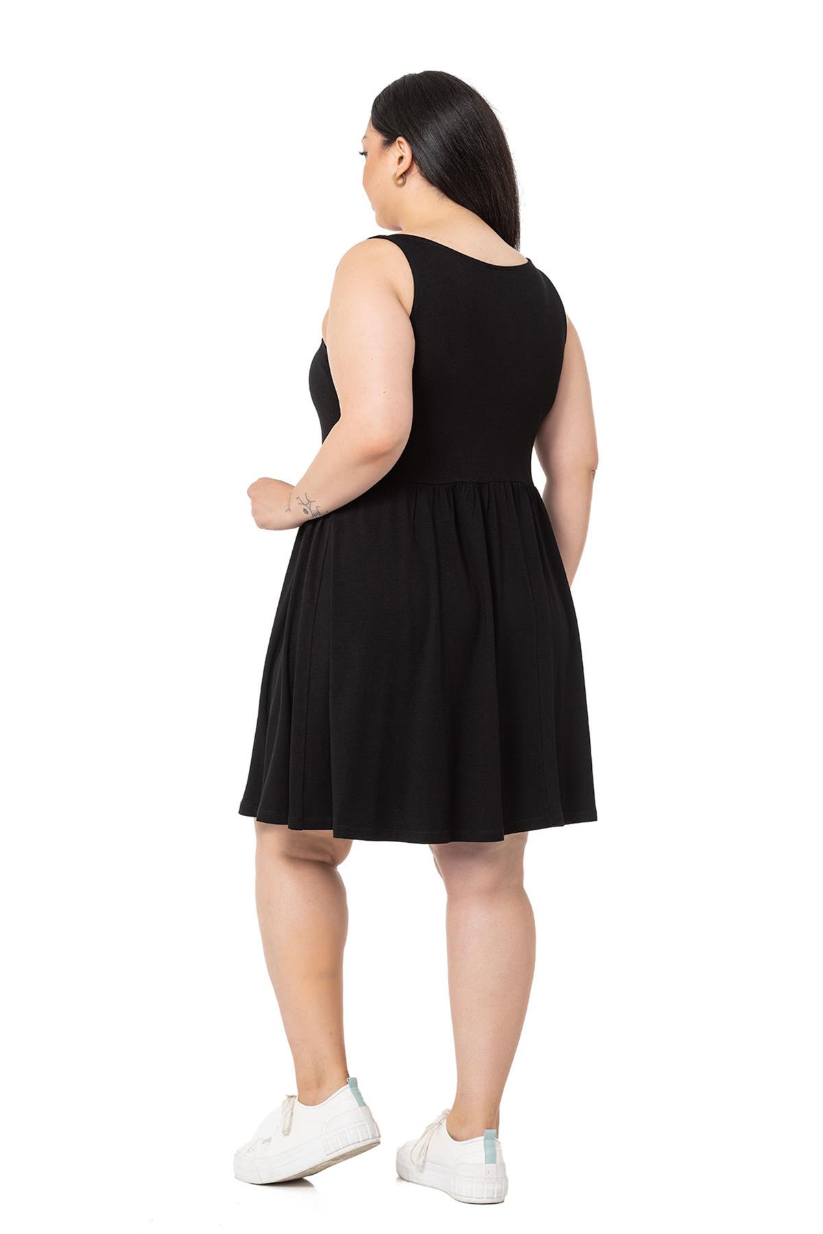 Plus Size Ornamental Button Detailed Viscose Short Black Dress