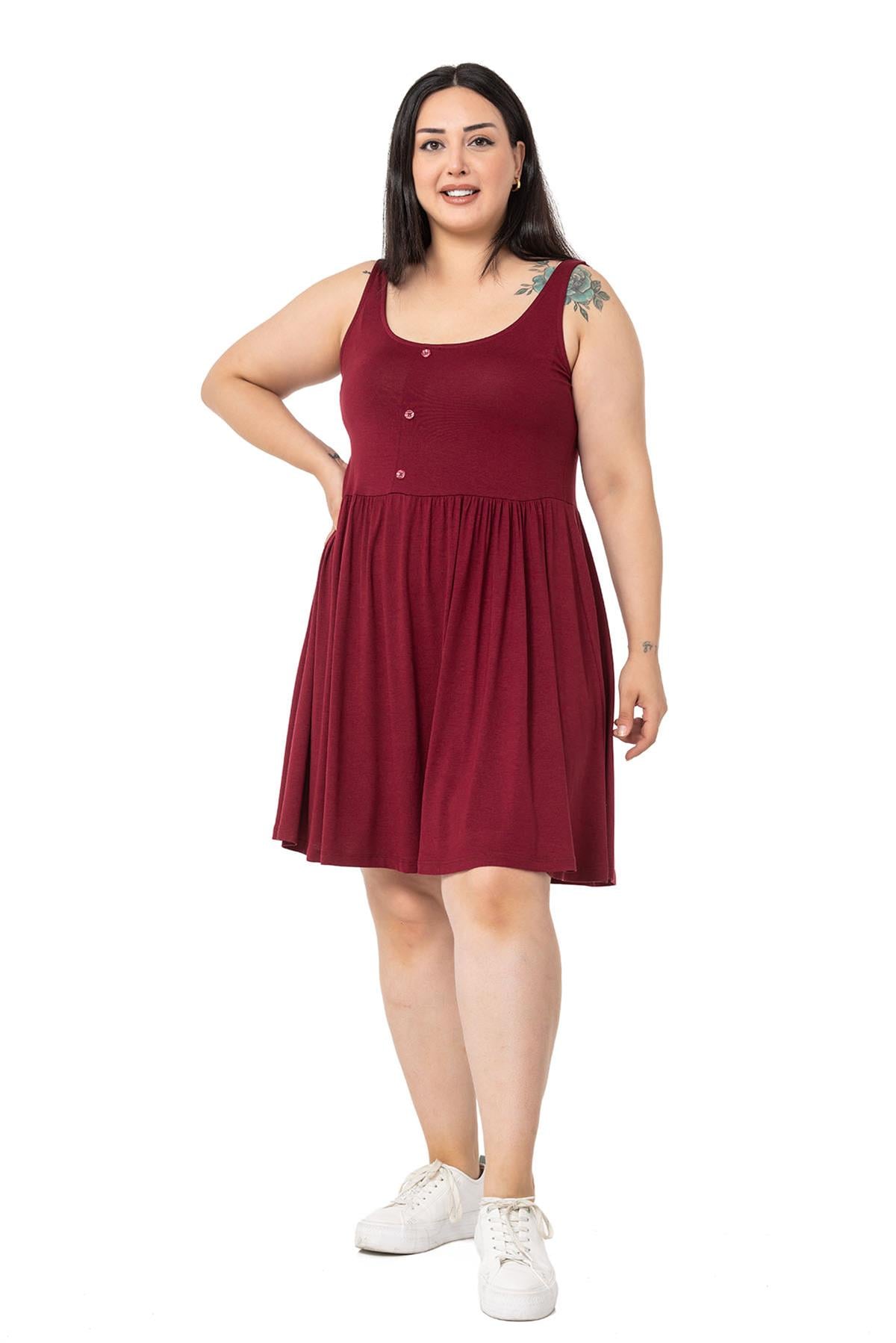 Plus Size Ornamental Button Detailed Viscose Short Burgundy Dress
